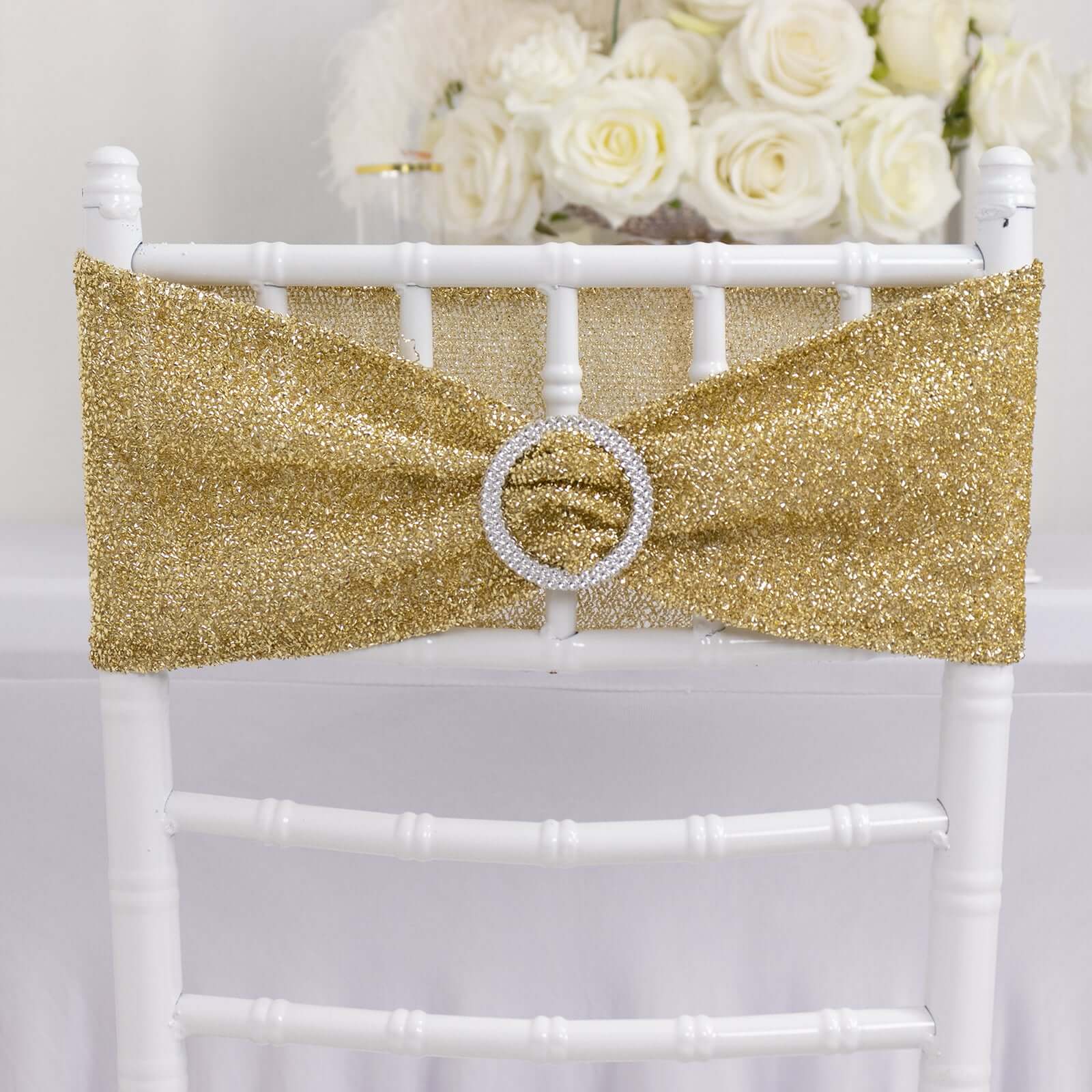 5 Pack Chair Sashes Shimmer Tinsel Spandex 5x12 with Silver Rhinestone Buckles Champagne - Stylish Chair Bands