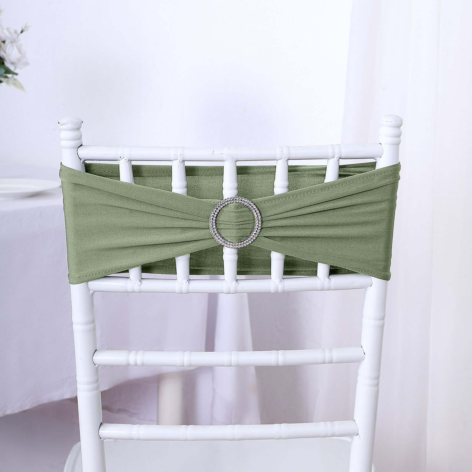 5 Pack Stretch Spandex Chair Sashes Dusty Sage Green - Reusable Chair Bands with Silver Diamond Ring Slide Buckle 5x14