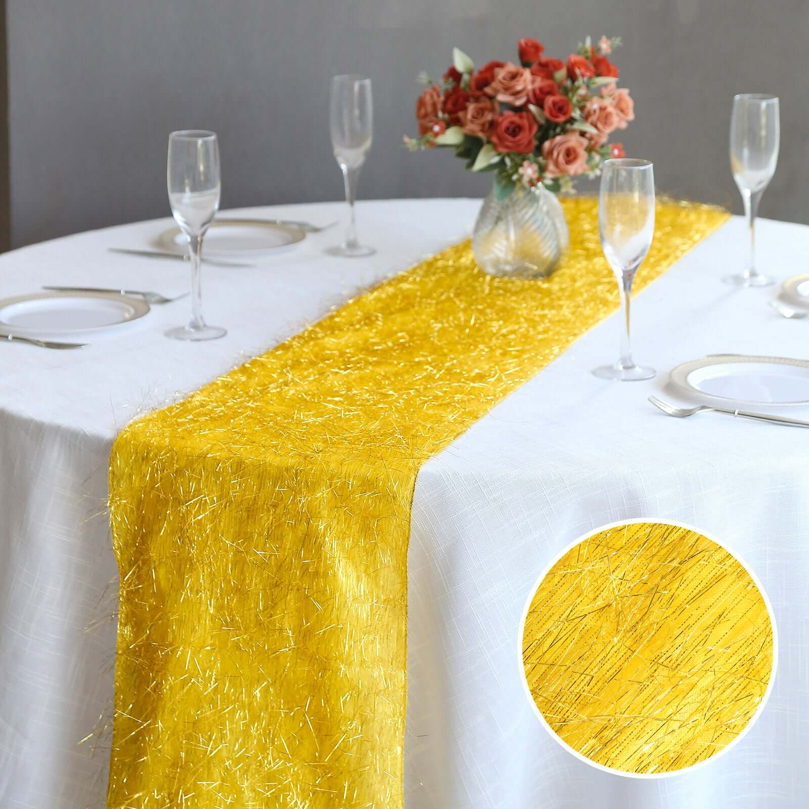 Metallic Tinsel Polyester 12x108 Table Runner Gold - Shimmery Fringe Shag Event Table Decor