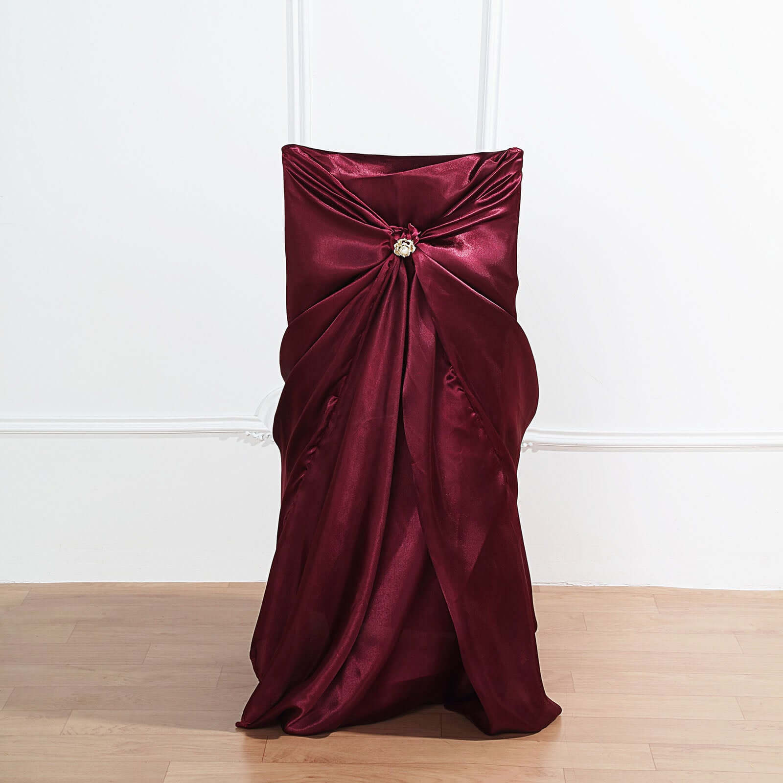 Satin Chair Cover Self-Tie Universal Design Burgundy - Durable Slip-On Cover for Folding, Dining, Banquet & Standard Chairs