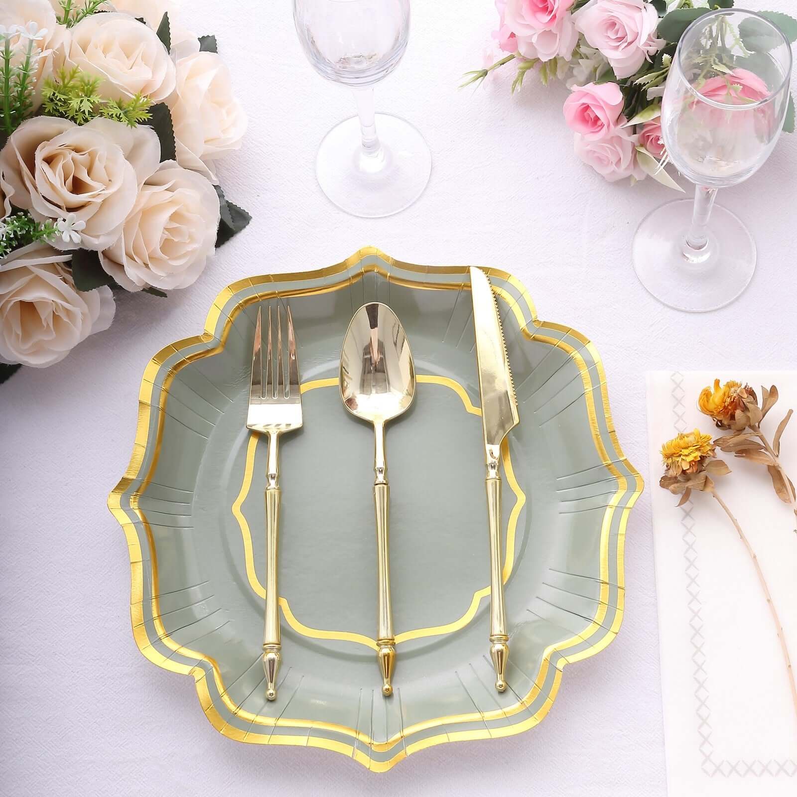 25-Pack Paper Dinner Plates in Sage Green with Gold Scallop Rim - Disposable 300GSM Party Plates 10