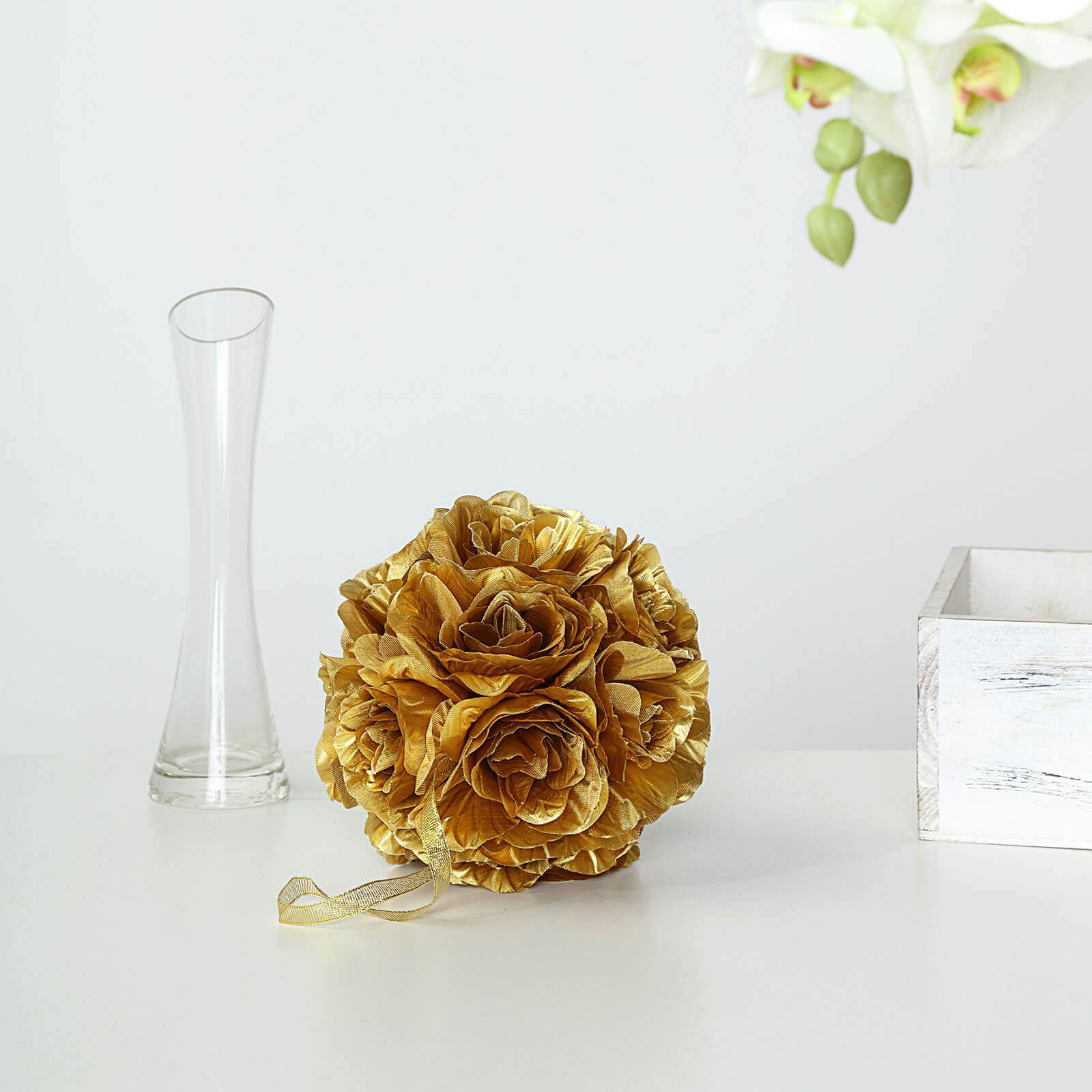 2 Pack 7 Gold Artificial Silk Rose Kissing Ball, Faux Flower Ball