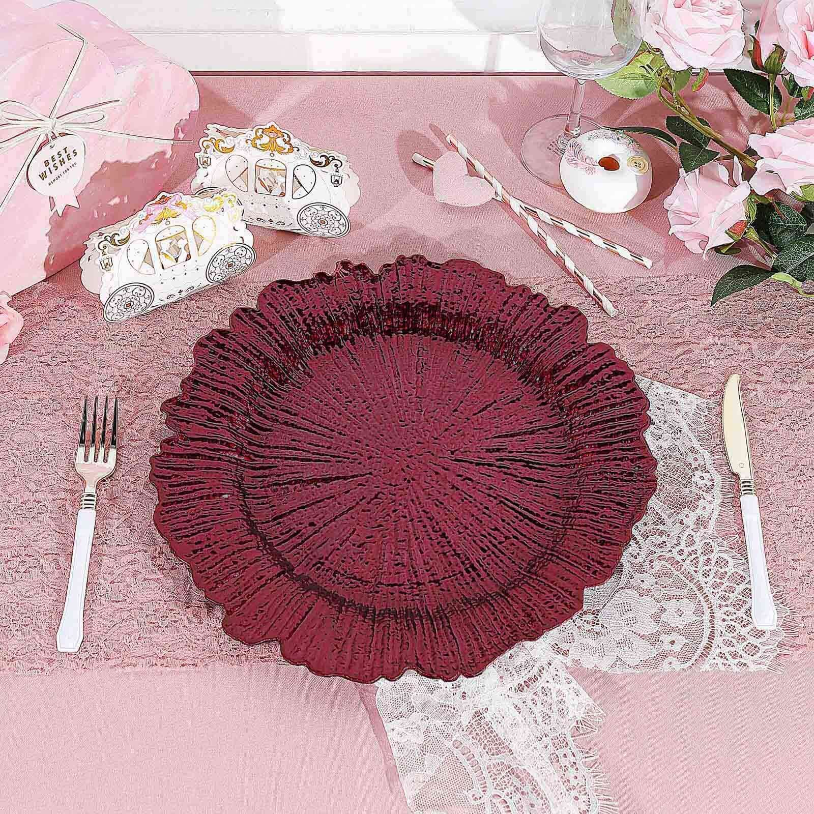 6-Pack Acrylic Plastic Round Charger Plates 13 in Burgundy with Reef Design, Dinner Charger Tableware