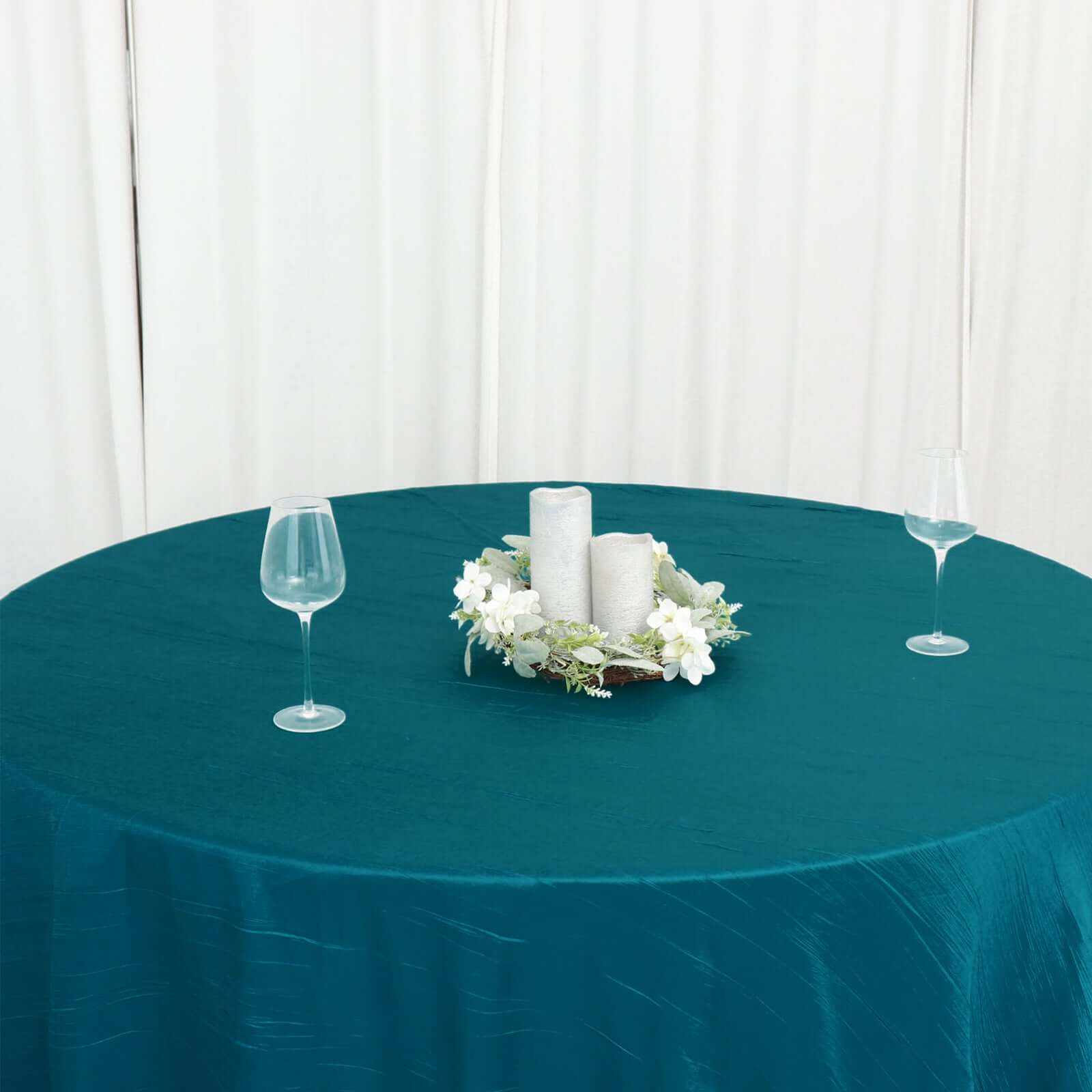 Taffeta 120 Round Tablecloth Peacock Teal - Seamless Accordion Crinkle Table Cover