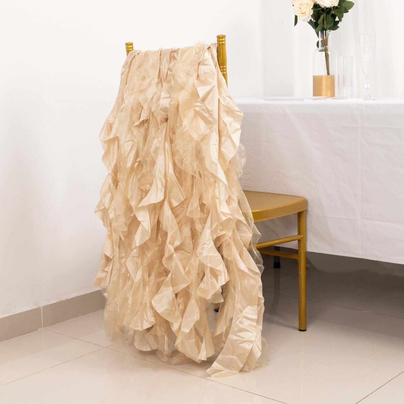 5 Pack Chiffon Satin Chair Sashes Beige - Easy to Install Ruffled Curly Willow