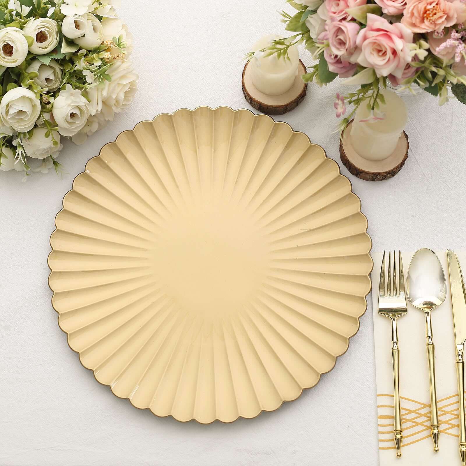 6-Pack Plastic Round Charger Plates 13 in Gold with Scalloped Shell Pattern, Coastal Inspired Disposable Charger Tableware