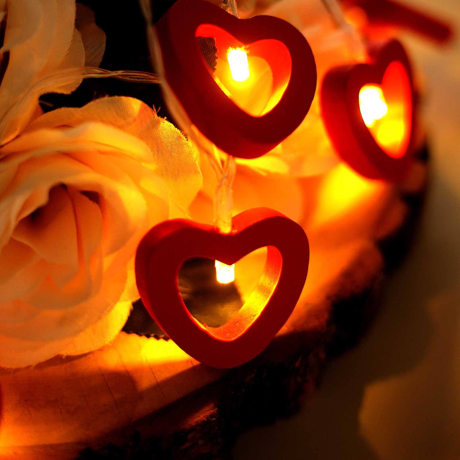 Wooden Heart String Lights Red Design Warm White - Battery Operated Hanging Accent 5ft