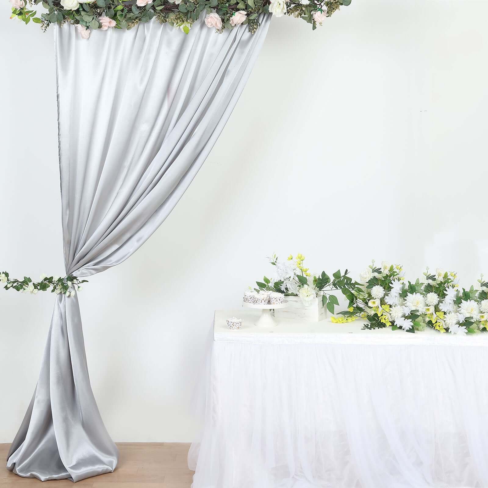 8ftx10ft Silver Satin Event Curtain Drapes, Backdrop Event Panel