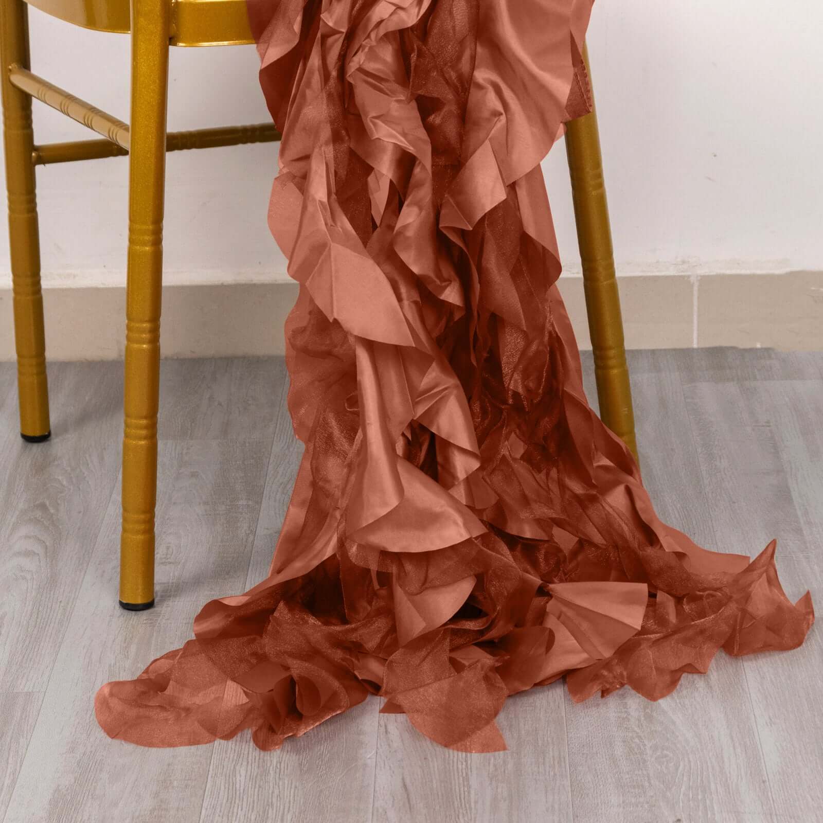 5 Pack Chiffon Satin Chair Sashes Terracotta (Rust) - Easy to Install Ruffled Curly Willow