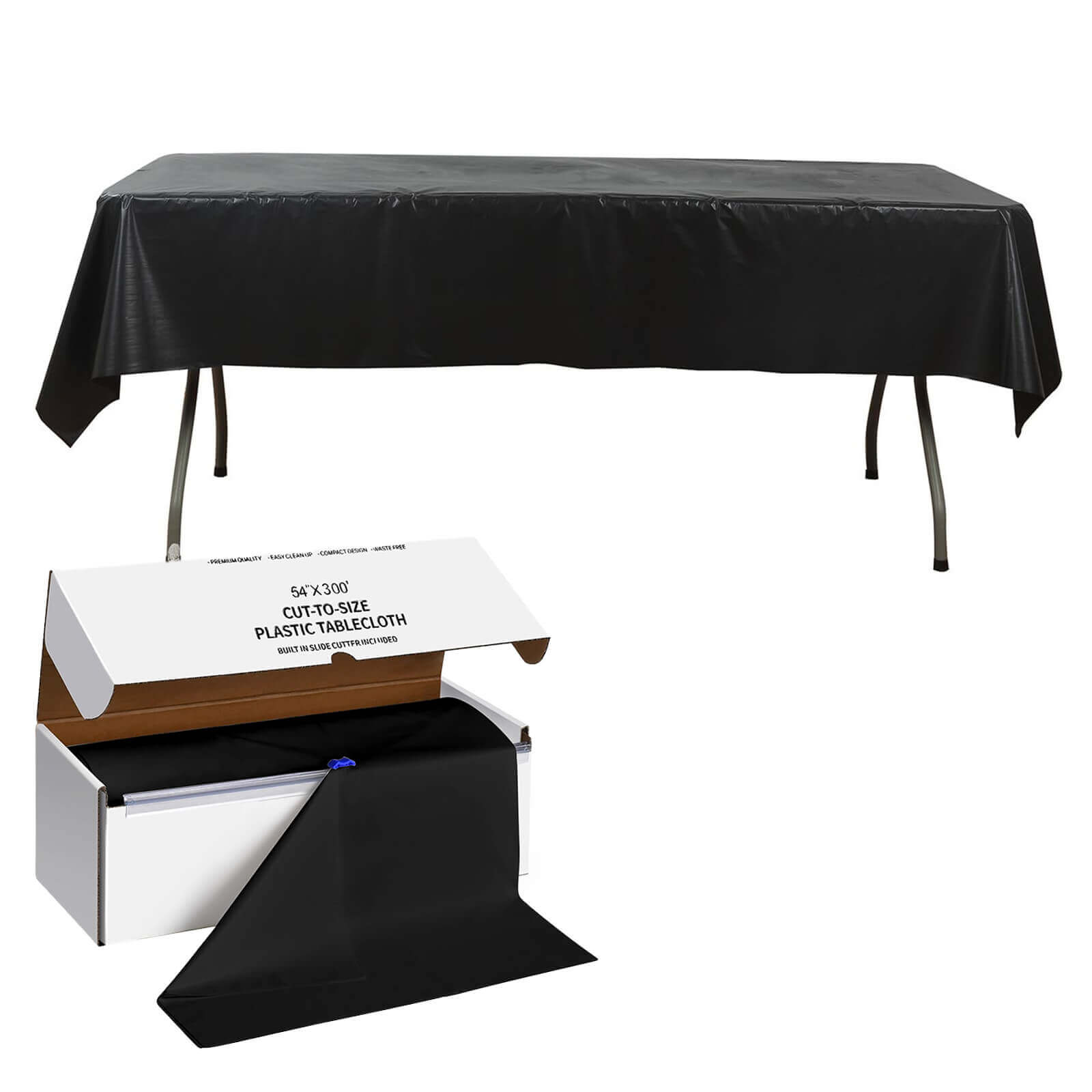 Plastic Table Cover Roll Black with Slide Cutter - Customizable Disposable Tablecloth Roll 54x300ft