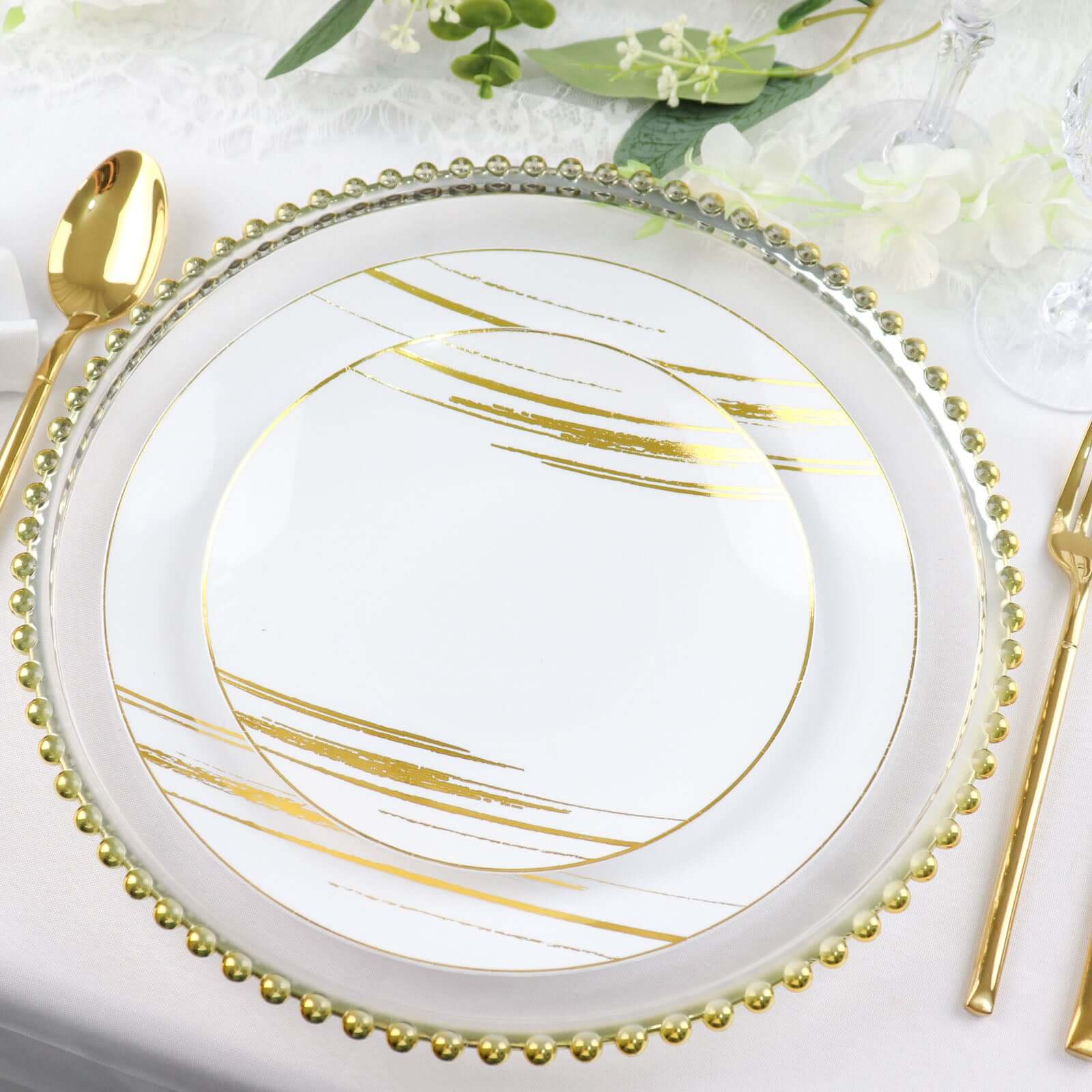 10-Pack Plastic 7 Round Dessert Plates in White with Gold Brush Stroked Print - Disposable Appetizer Salad Plates