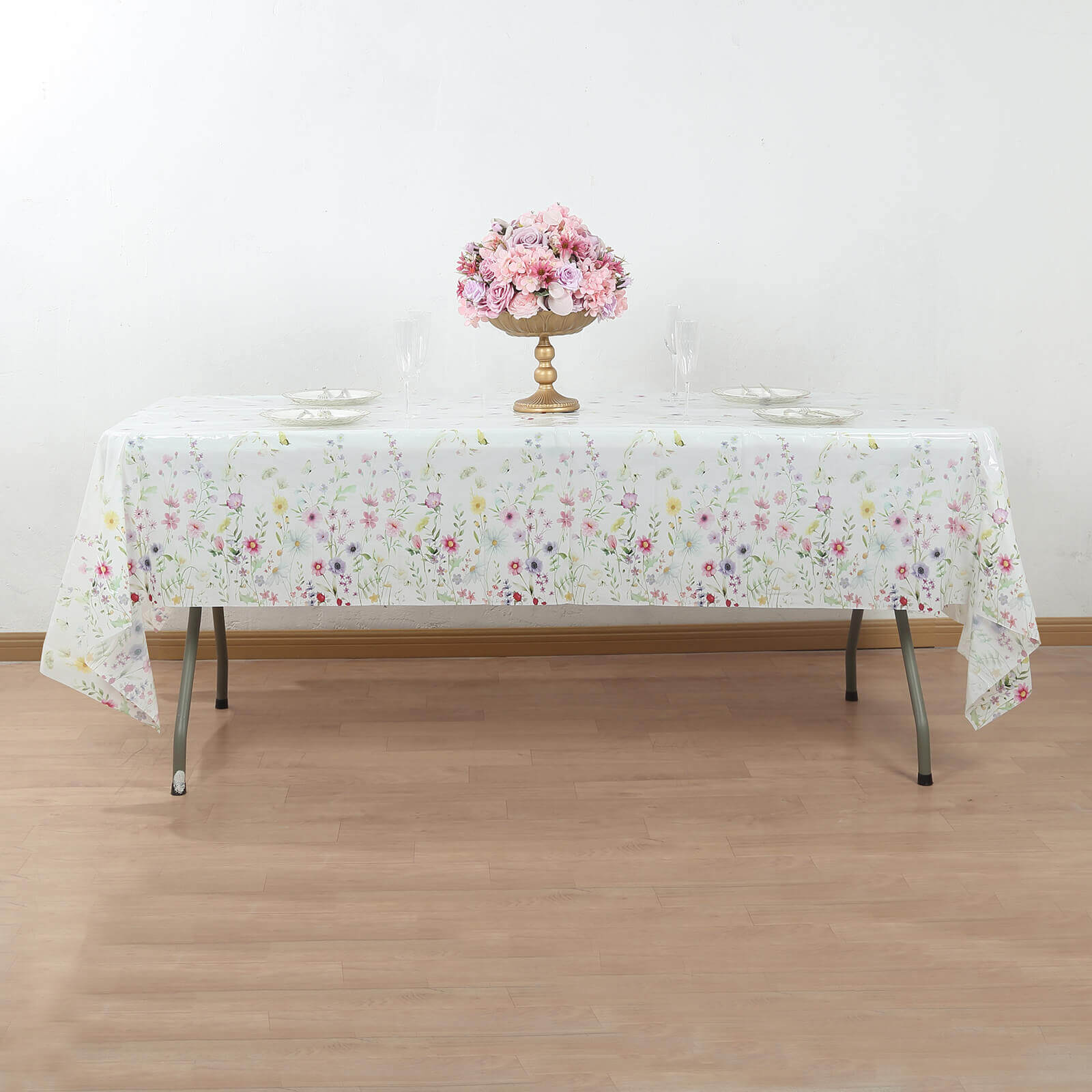 5-Pack Plastic Tablecloths White/Green Spring Floral Rectangle with Wild Flowers Butterfly Print - Durable PVC Disposable Table Covers 54x108