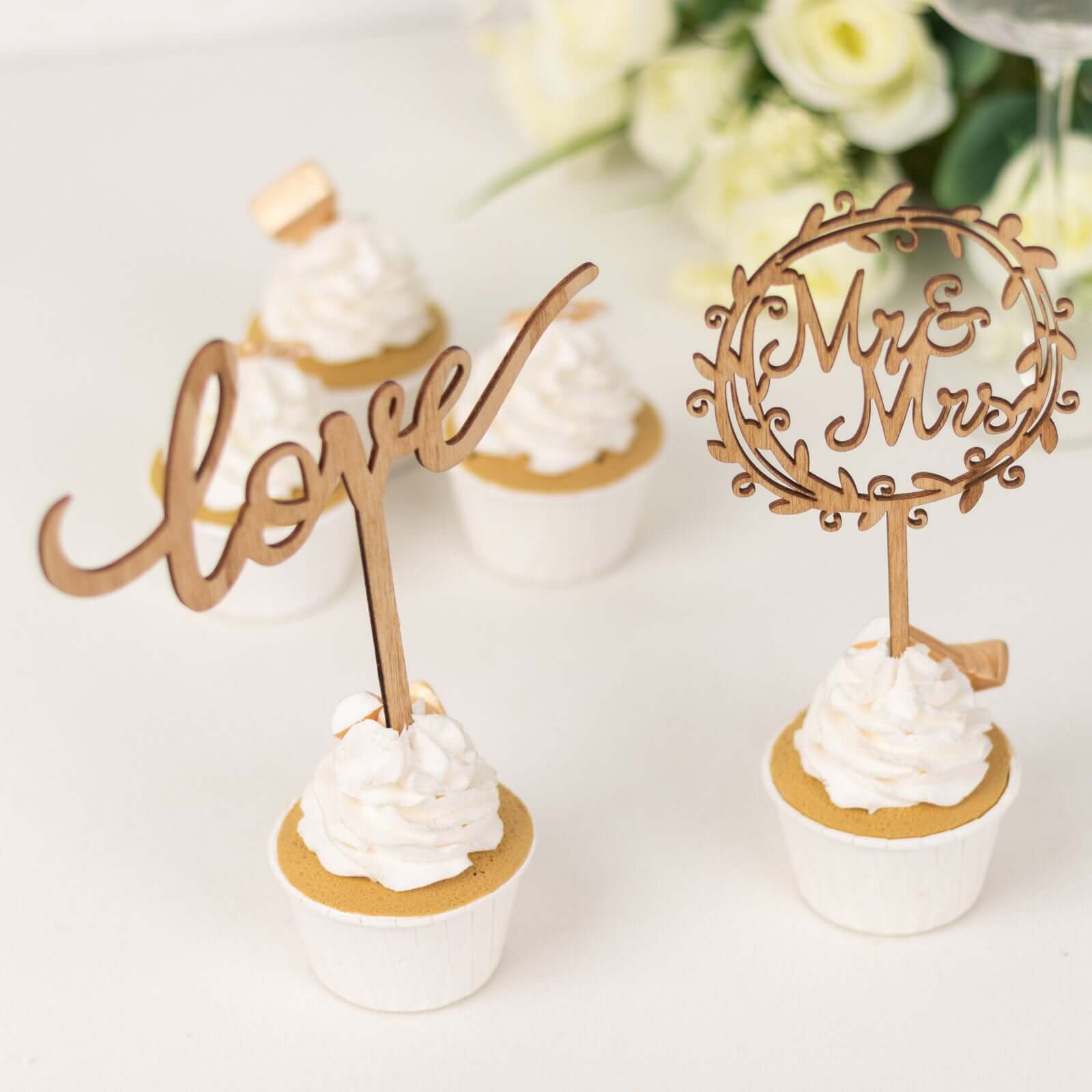 Set of 2 Wooden Cake Toppers Mr & Mrs and Love Design Natural - Rustic Wedding Cupcake Decorations