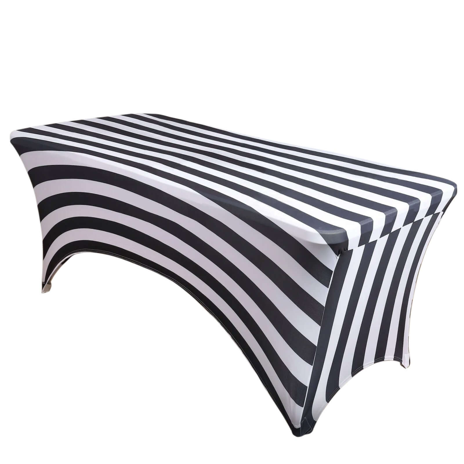 Stretch Spandex 72x30 Rectangle Tablecloth Black/White Vertical Stripes - Durable Form-Fitting Table Cover for Events & Presentations