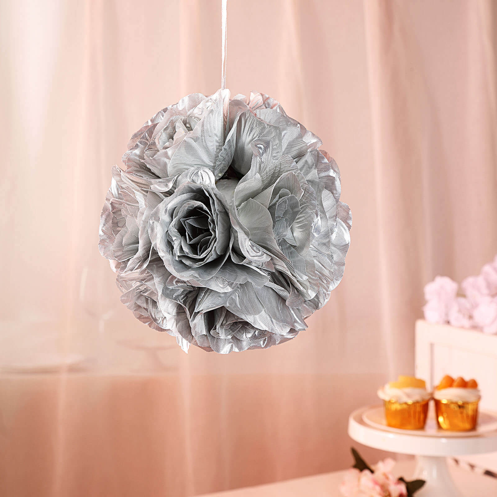 2 Pack 7 Silver Artificial Silk Rose Kissing Ball, Faux Flower Ball