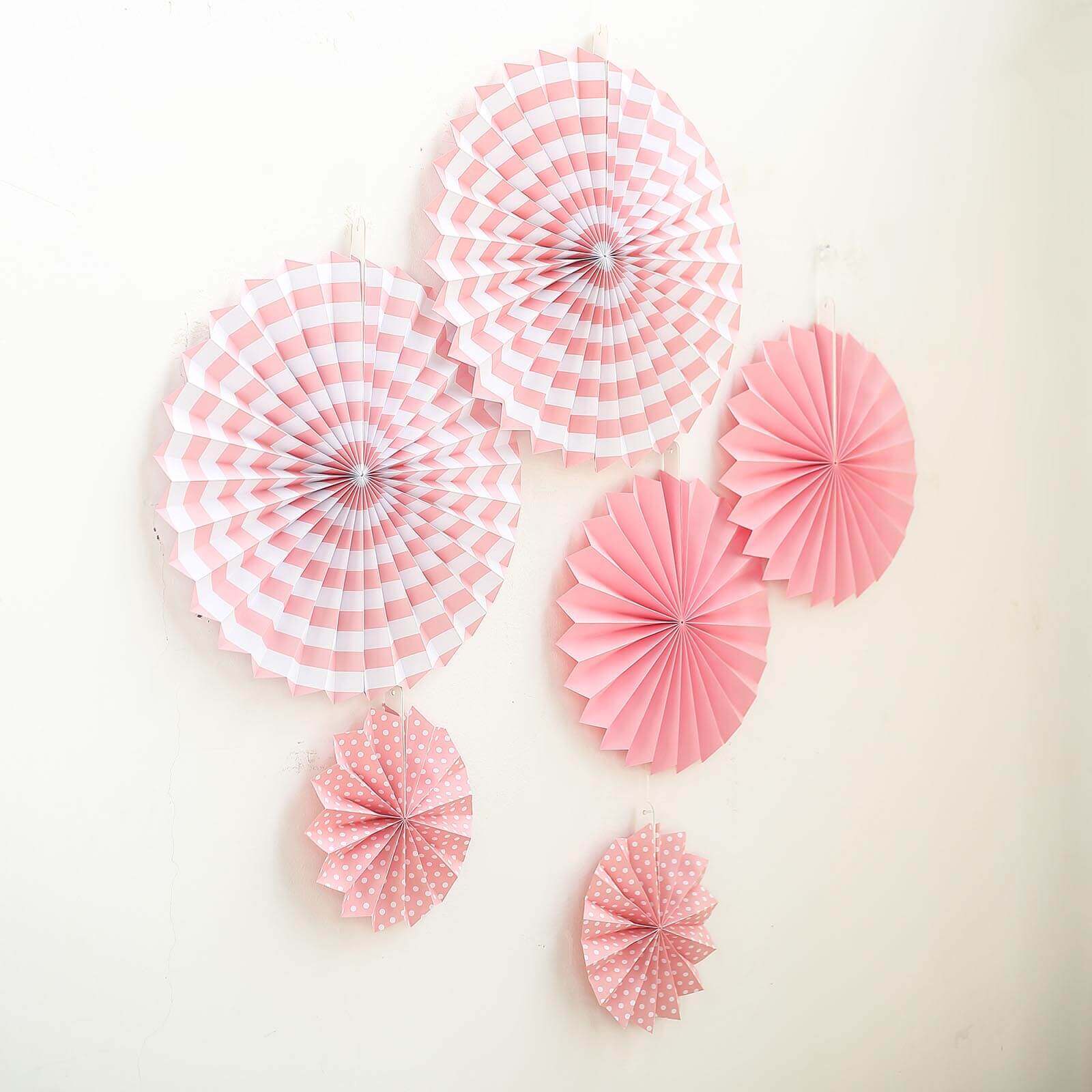 Set of 6 Pink Hanging Paper Fan Decorations, Pinwheel Wall Backdrop Party Kit - 8, 12, 16