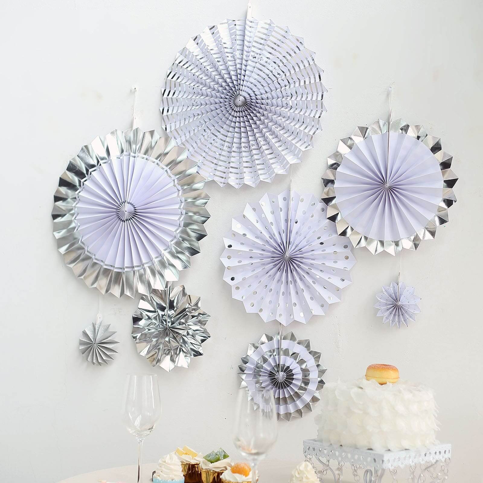 Set of 8 Silver White Hanging Paper Fan Decorations, Pinwheel Wall Backdrop Party Kit - 4, 8, 12, 16