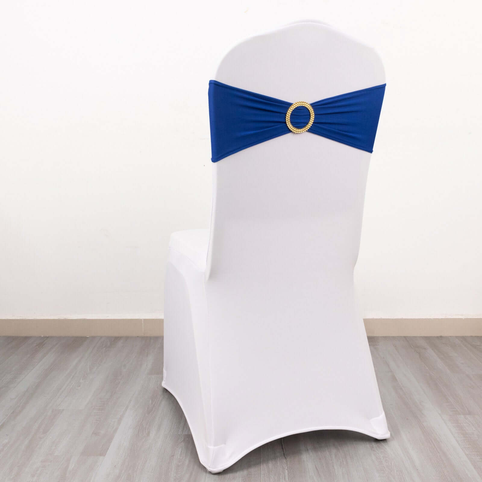 5 Pack Spandex Chair Sashes Royal Blue with Gold Rhinestone Buckles - Reusable Four-Way Stretch Sash Bands 5x14