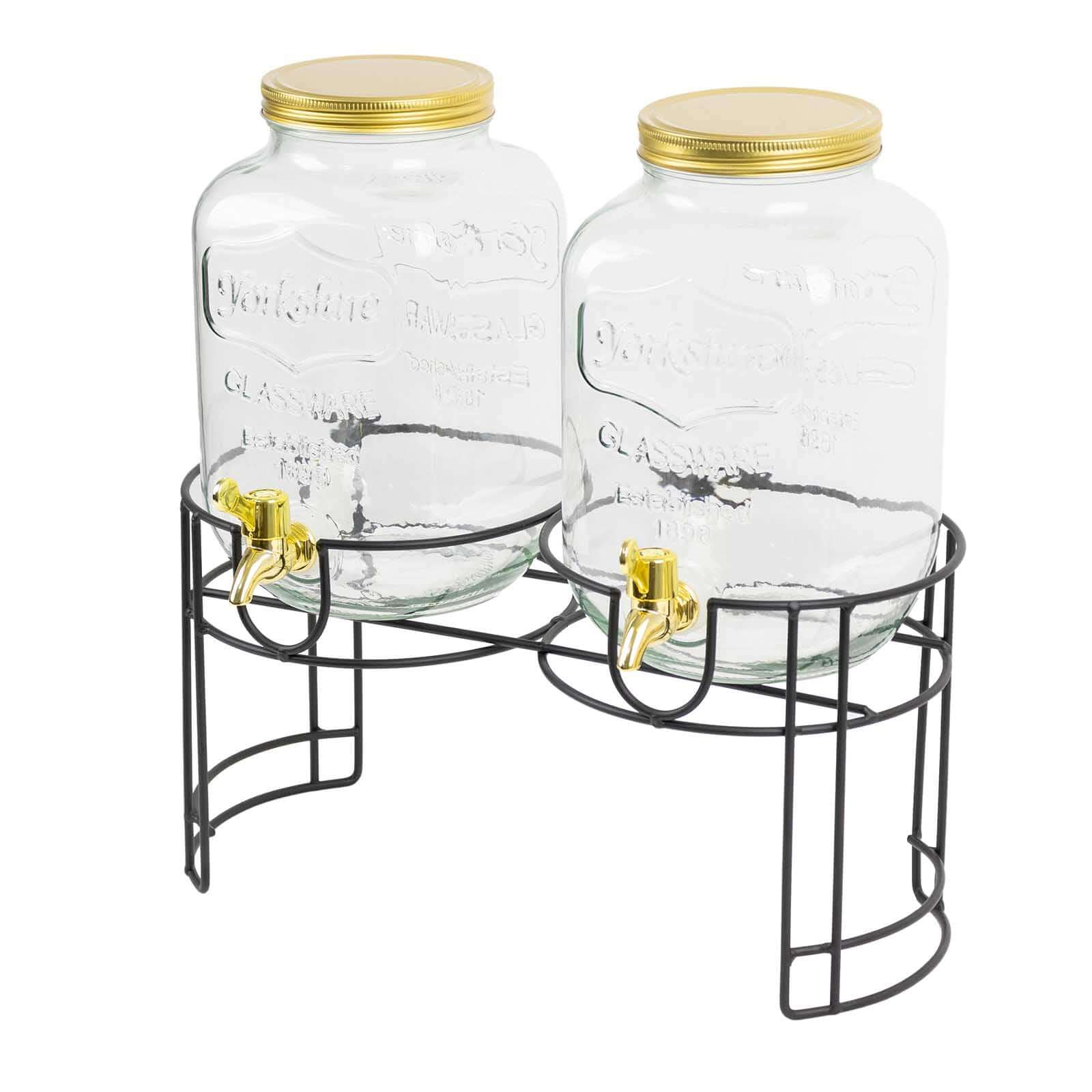 2-Pack Clear Glass Beverage Dispenser Stand, Dual Juice Jars with Gold Metal Lids and Spigot - Convenient Serving Feature 2-Gallon