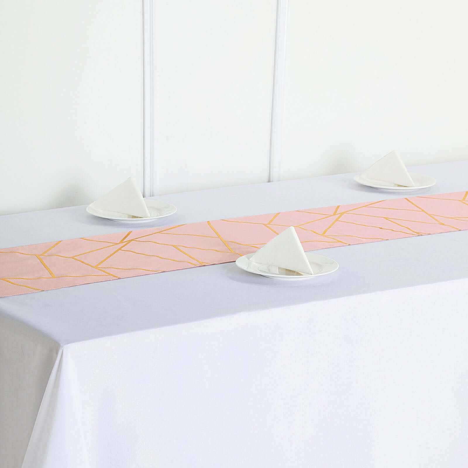 Polyester 9ft Table Runner Blush with Gold Foil Modern Geometric Accent