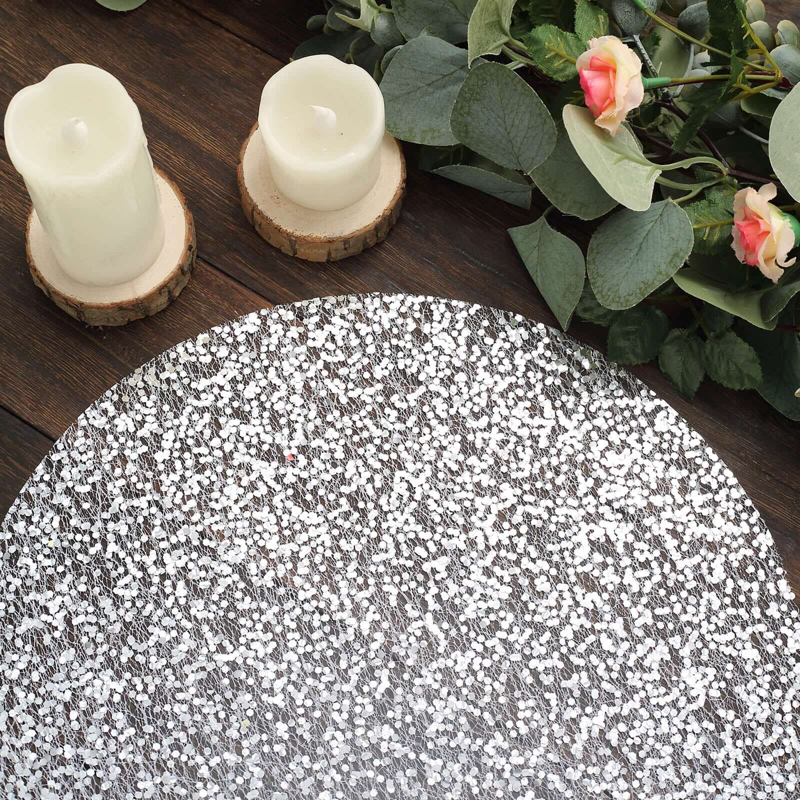 10-Pack Table Placemats Sequin Design Metallic Silver Round - Mesh Disposable Dust-Free Dining Mats 13