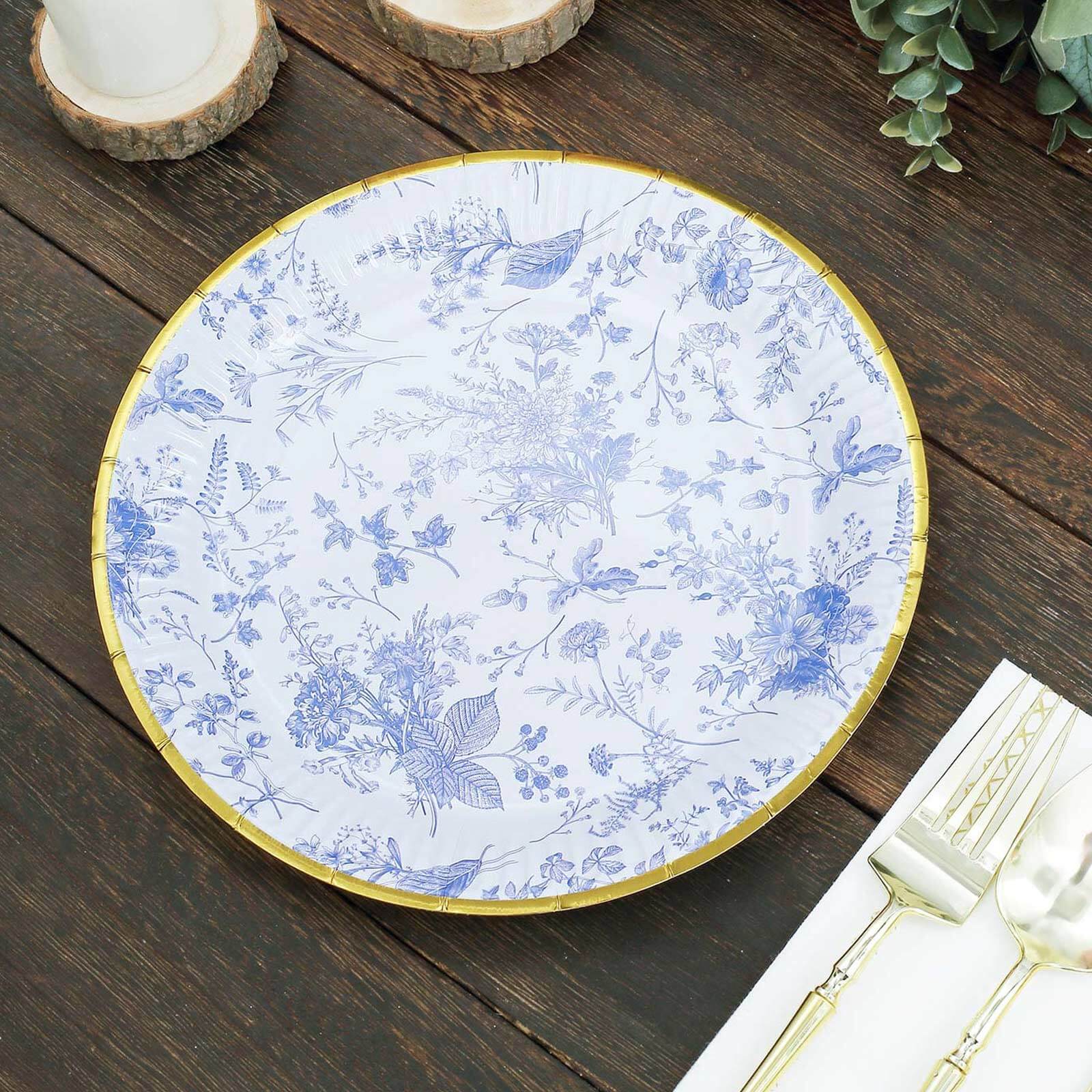 25-Pack Paper 9 Round Dinner Plates in White with Light Blue French Toile Pattern & Gold Rim - Disposable Party Plates for Picnics & Chic Brunches