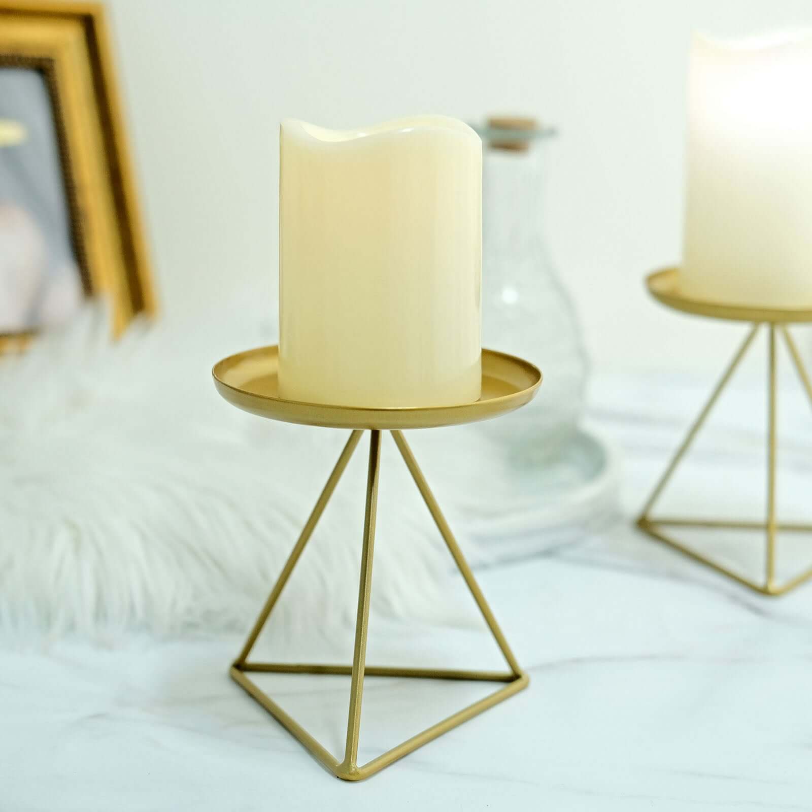 2-Pack Pillar Candle Holders Gold Metal Geometric Triangle Base Design - Decorative Centerpiece 5