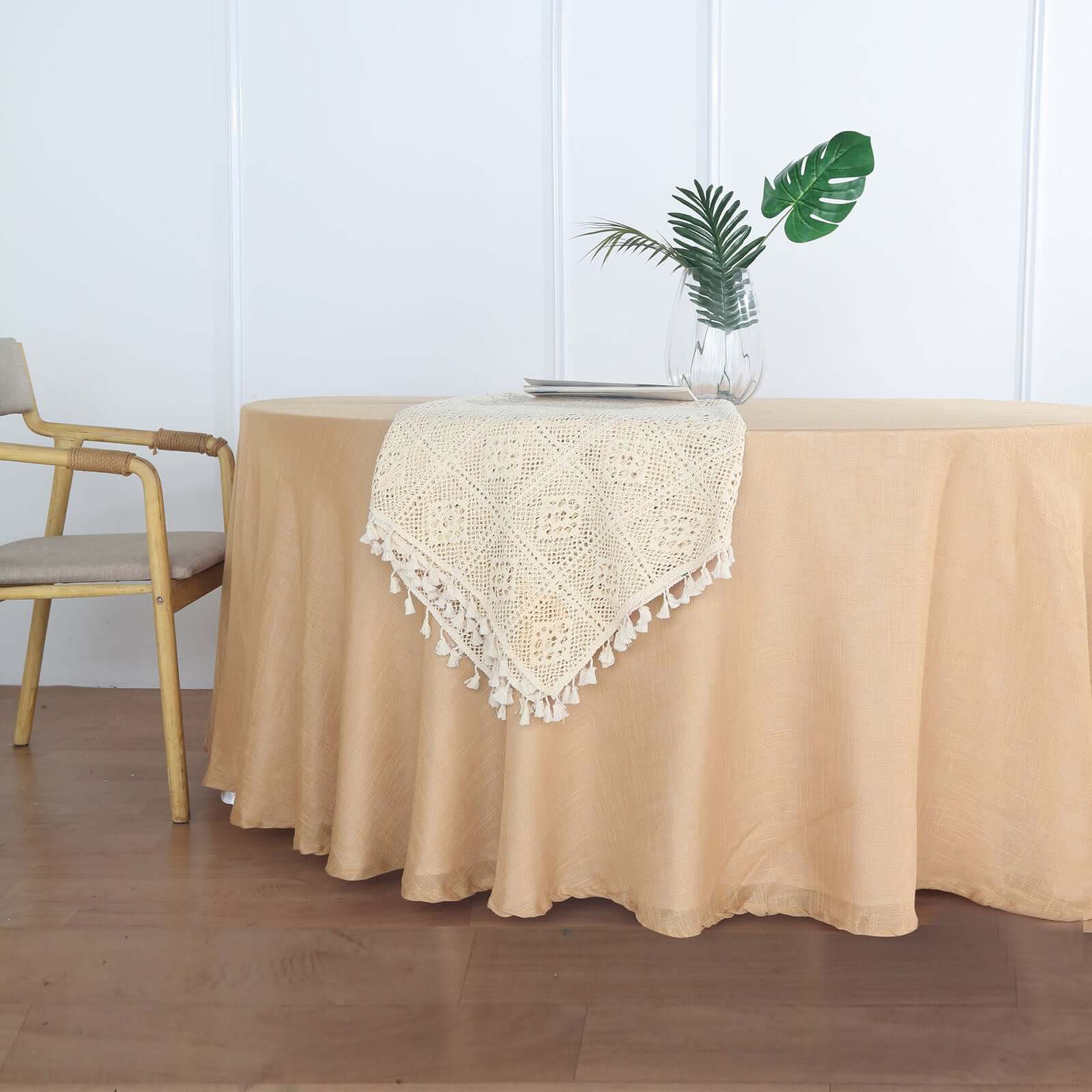 Faux Linen 120 Round Tablecloth Natural - Slubby Texture Wrinkle-Resistant Seamless Table Cover