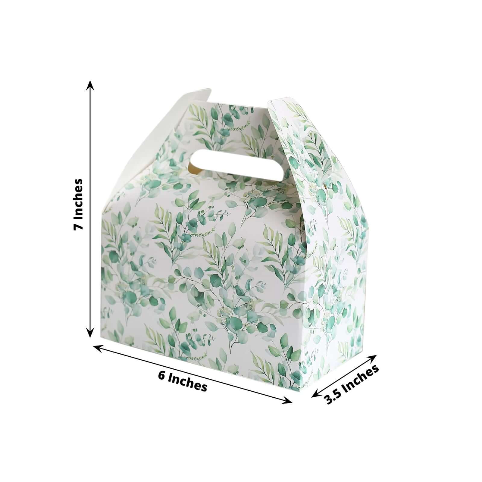 25 Pack White Green Candy Gift Tote Gable Boxes with Eucalyptus Leaves Print, Party Favor Treat Boxes - 6x3.5x7