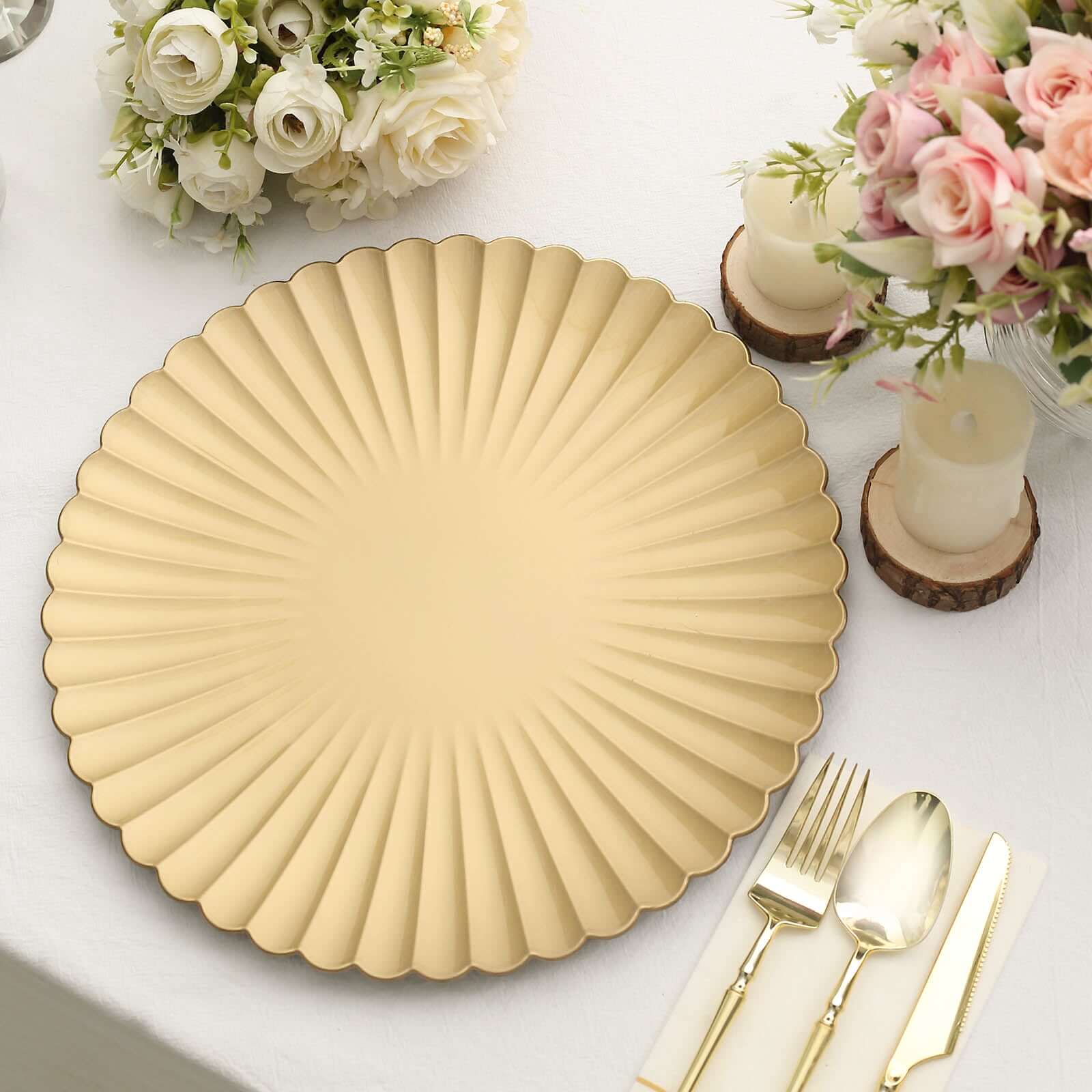 6-Pack Plastic Round Charger Plates 13 in Gold with Scalloped Shell Pattern, Coastal Inspired Disposable Charger Tableware