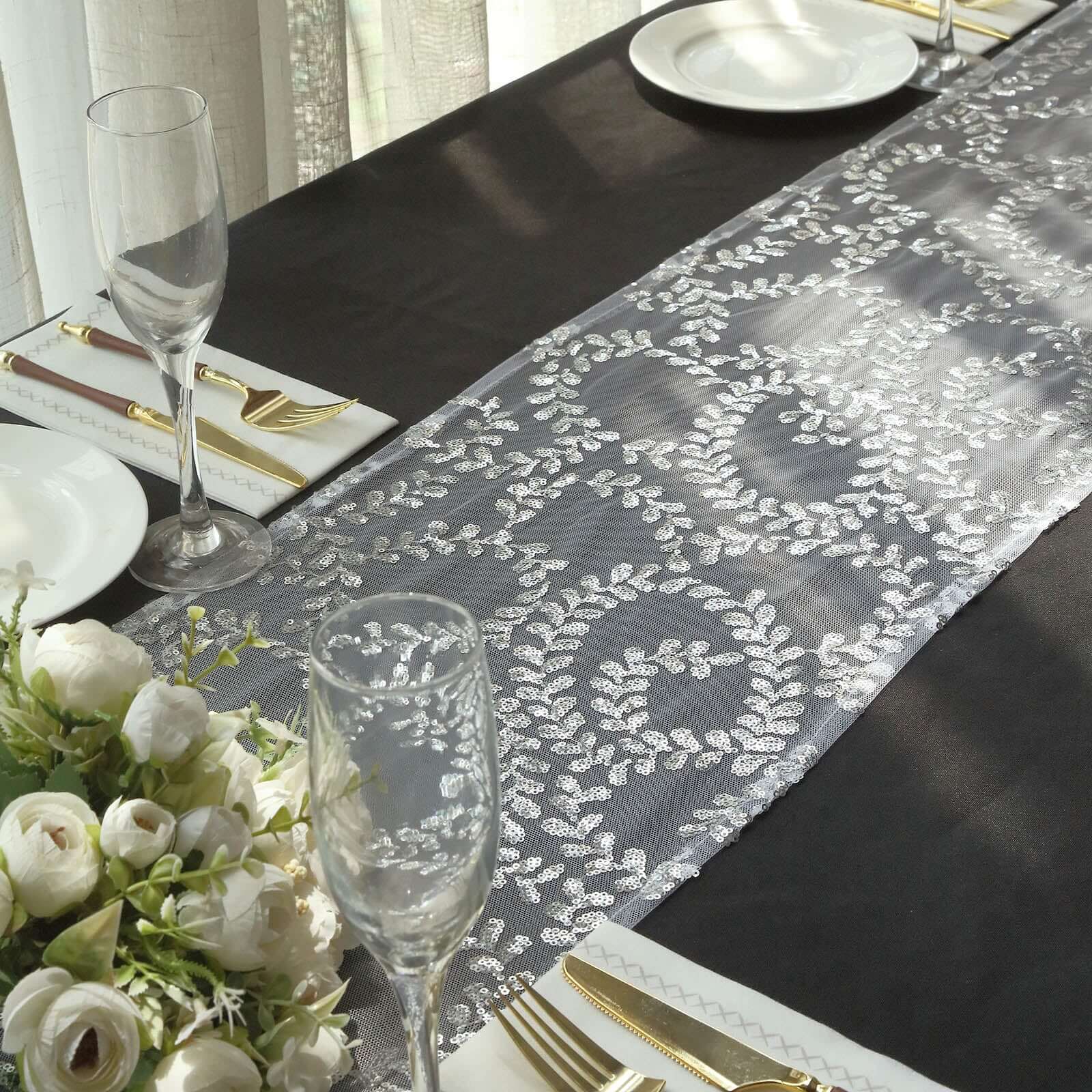 Mesh 12x108 Table Runner Silver - Leaf Vine Embroidery