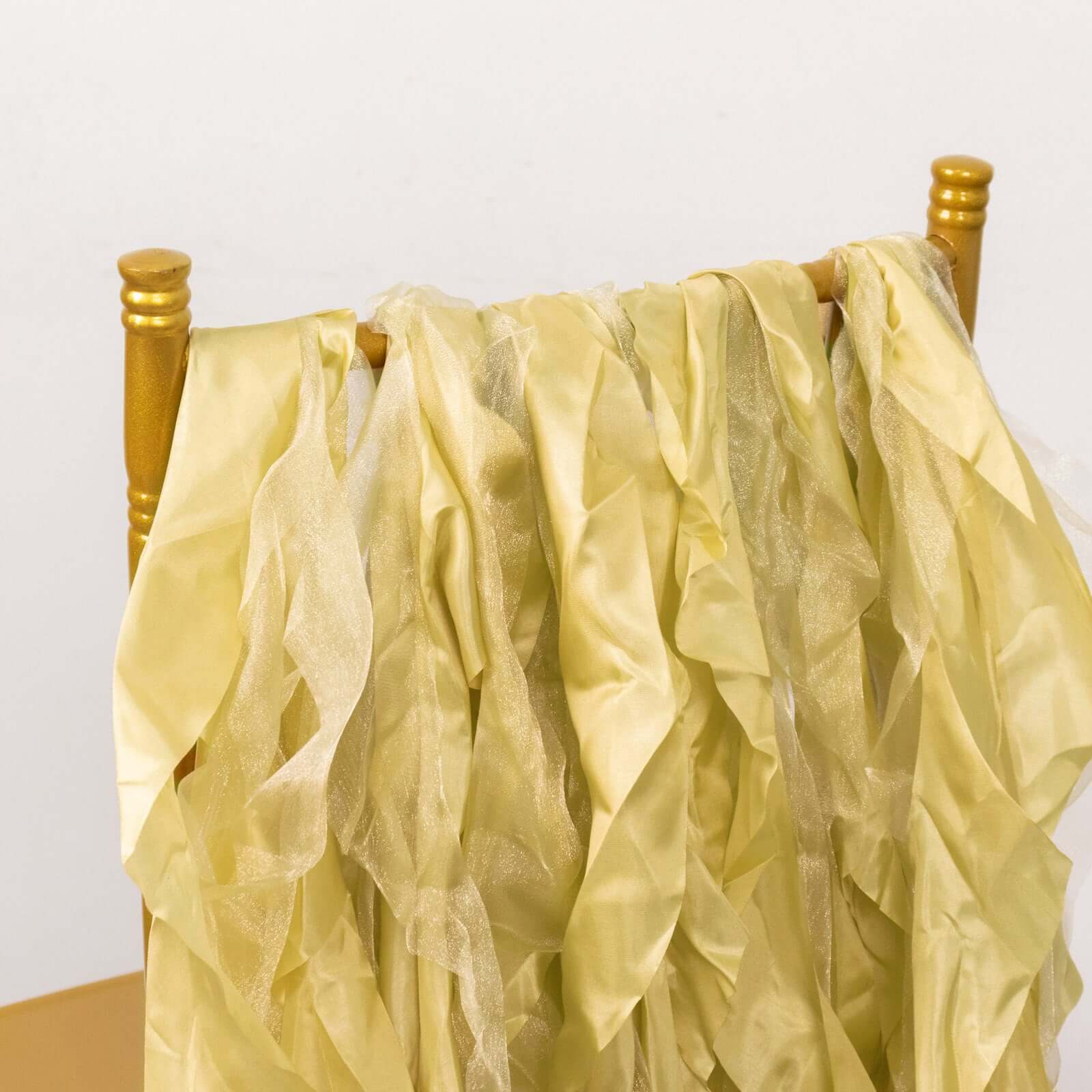 5 Pack Chiffon Satin Chair Sashes Champagne - Easy to Install Ruffled Curly Willow