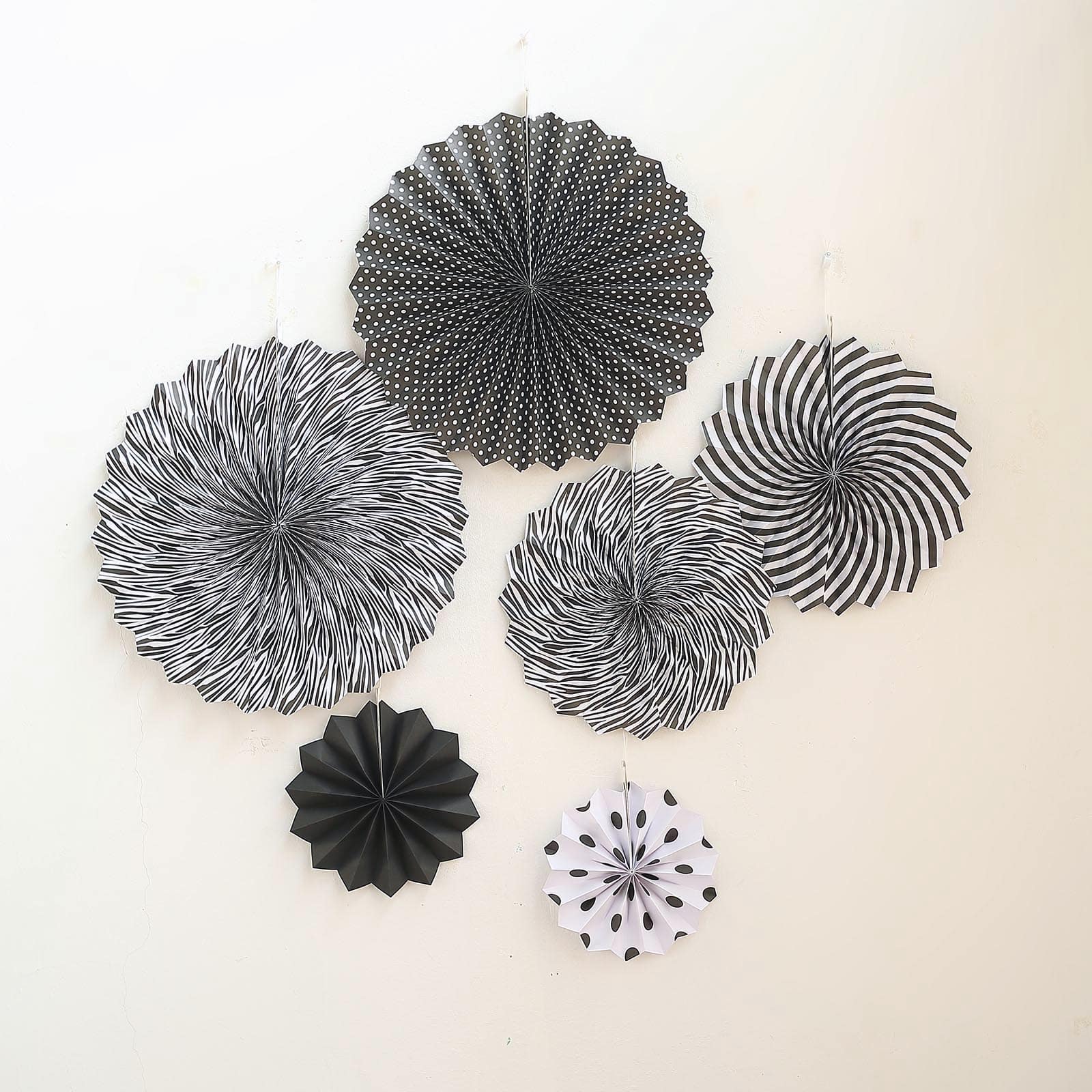 Set of 6 Black White Hanging Paper Fan Decorations, Pinwheel Wall Backdrop Party Kit - 8, 12, 16