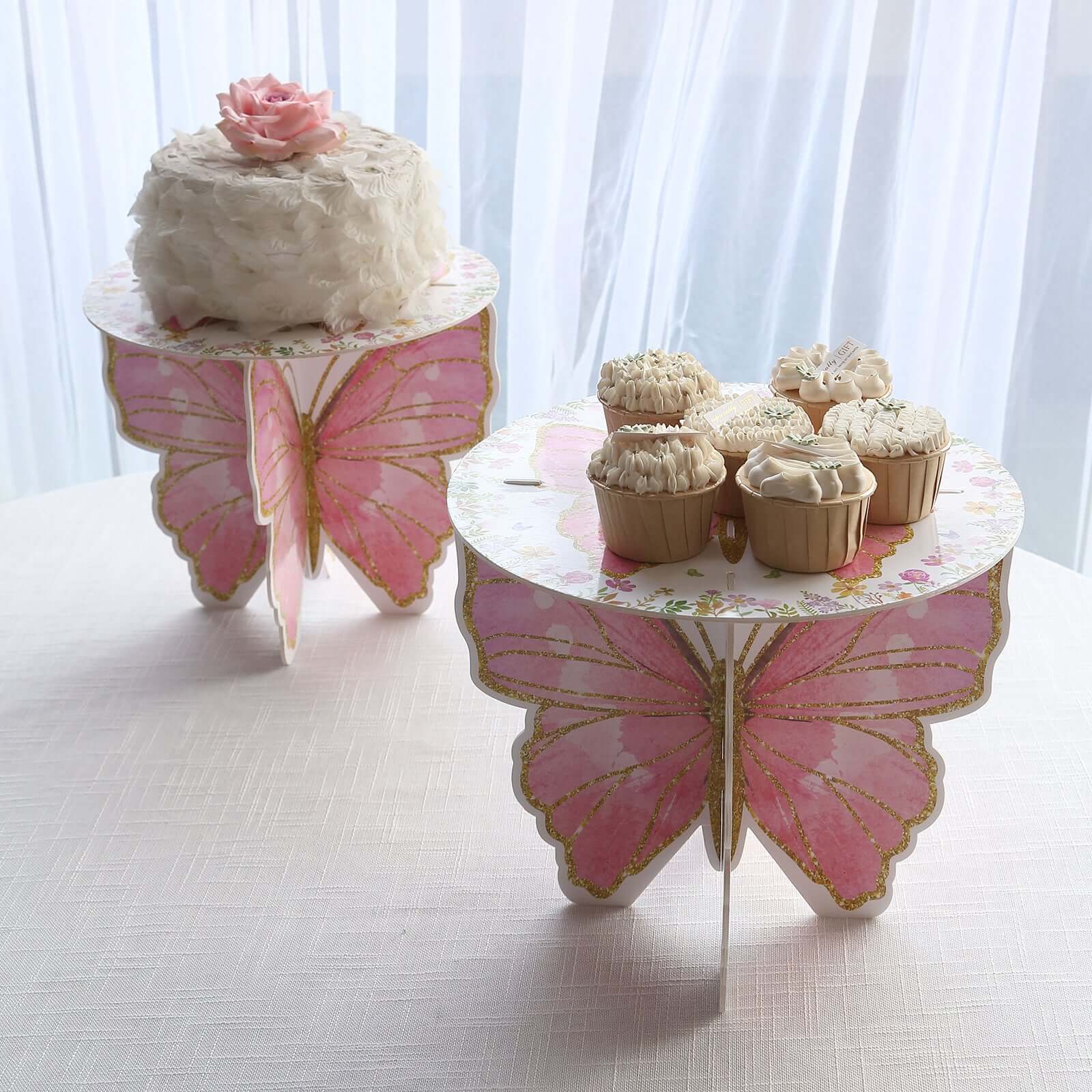 2-Pack Foam Board Cake Stands White/Pink Glitter Butterfly with Floral Print - Sturdy Cupcake Dessert Holder Display Stands for Enchanted Garden Party Birthday & Event Decor 12