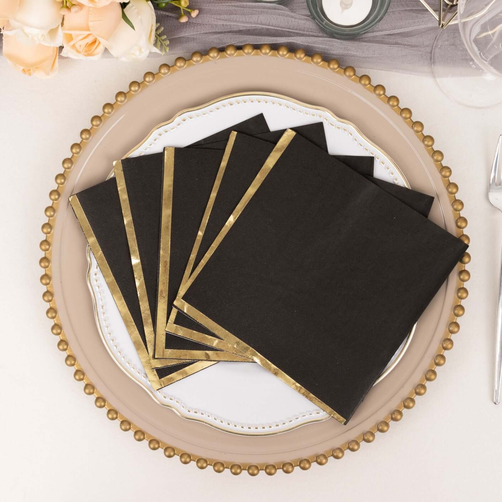 50-Pack Paper Beverage Napkins with Gold Foil Edge Black - Disposable 2 Ply Cocktail Napkins for Events 6.5x6.5