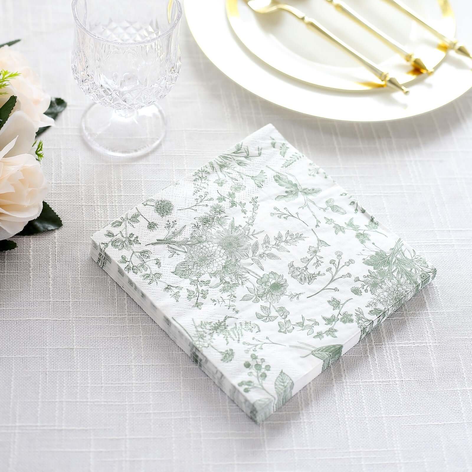 20-Pack Paper Cocktail Napkins with French Toile Print White/Sage Green - Disposable 2 Ply Beverage Napkins for Events 5x5