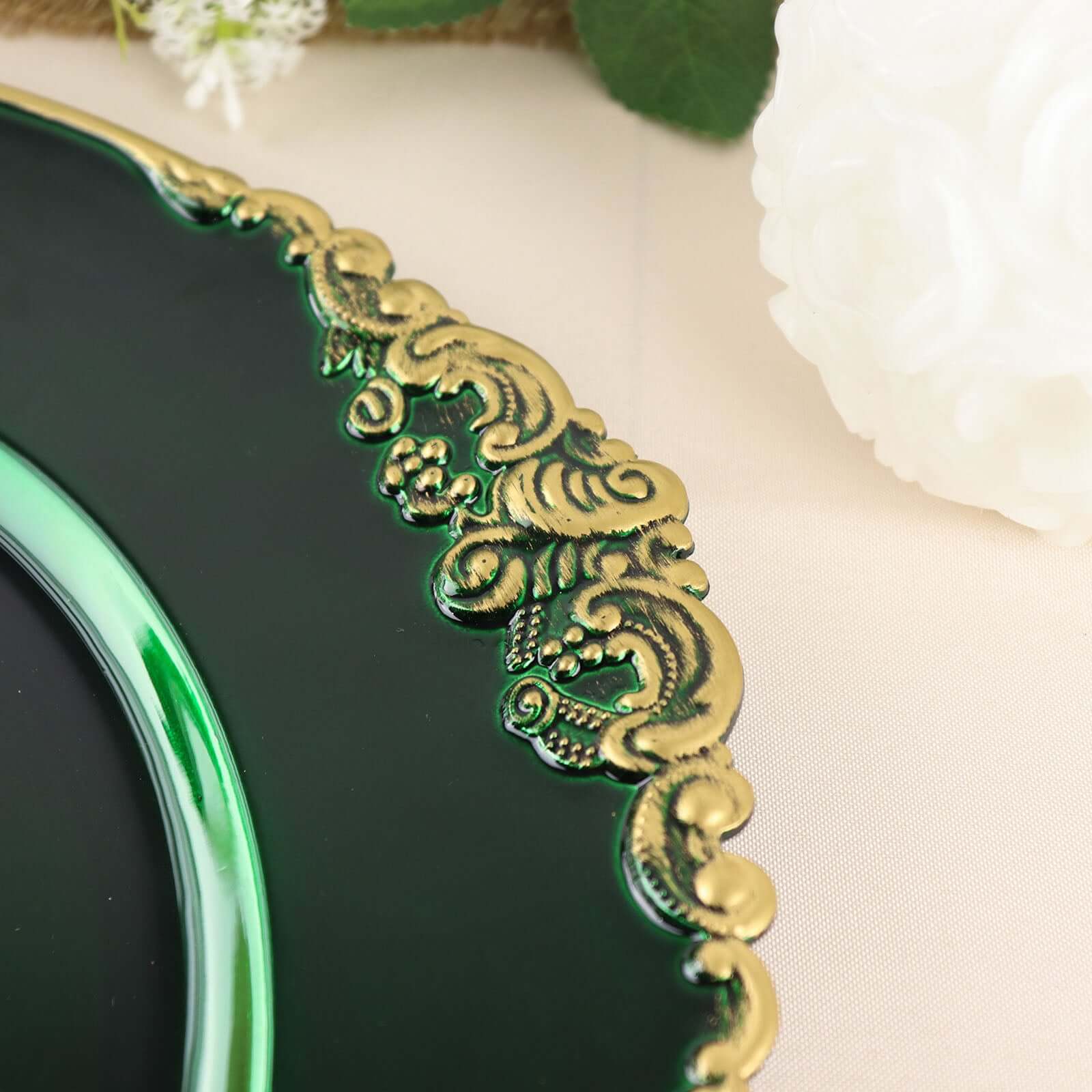 6-Pack Acrylic Round Charger Plates 13 in Hunter Emerald Green with Gold Embossed Baroque Rim, Antique Decorative Dinner Party Charger Tableware