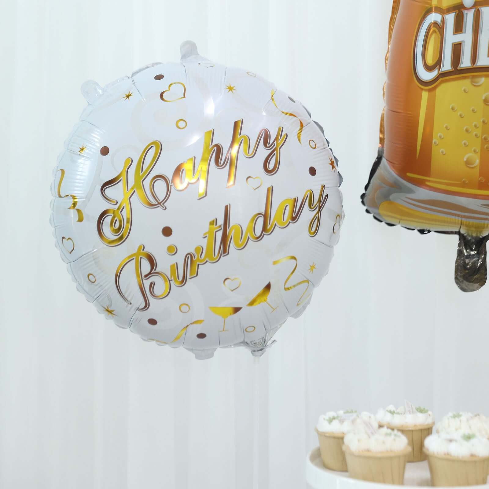 Set of 5 White Gold Round Happy Birthday Mylar Foil Helium Balloon Set, Cheers Beer Mug, Star Balloon Bouquet With Ribbon Birthday Party Decorations