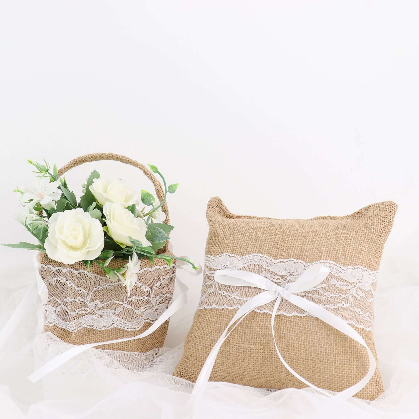 1 Set Natural Burlap and Lace Flower Girl Petal Basket and Ring Bearer Pillow Wedding Set