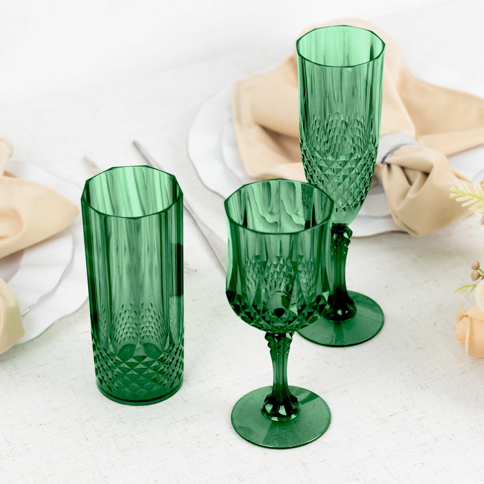 6-Pack Plastic Wedding Toast Flutes Hunter Emerald Green Transparent Crystal Cut Style - Reusable Champagne Glasses 8oz