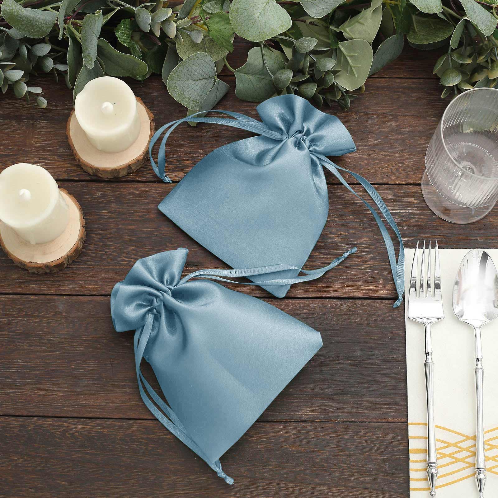 12 Pack 5x7 Dusty Blue Satin Drawstring Wedding Party Favor Gift Bags