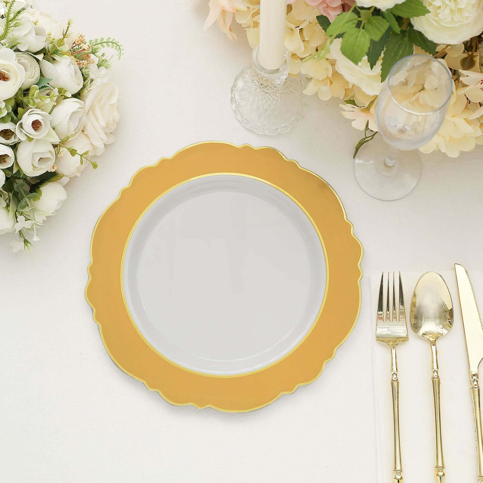 10-Pack Plastic 10 Round Dinner Plates in White with Gold Blossom Design & Gold Edging - Disposable Party Plates for Modern & Classy Table Decor