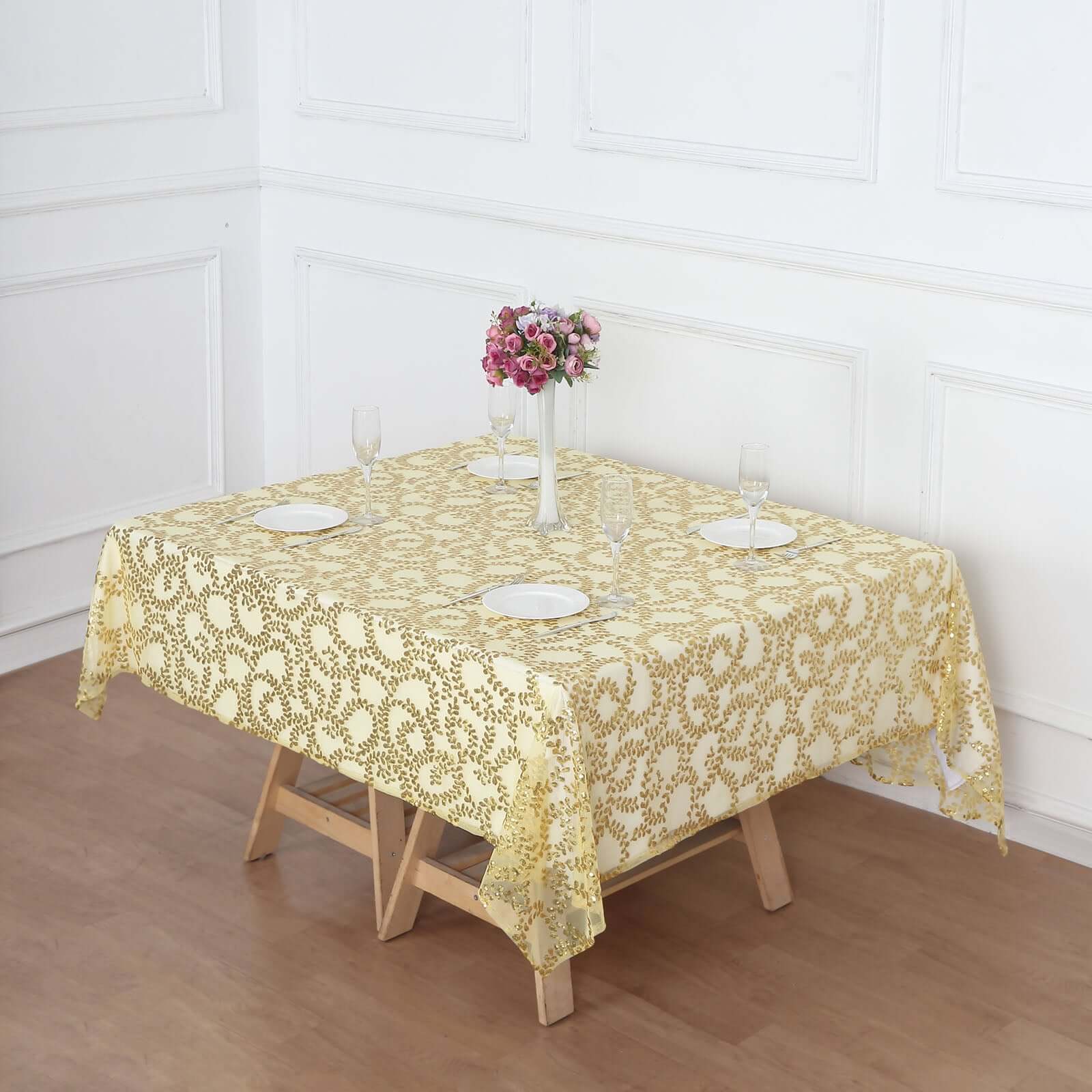 Tulle 72x72 Table Overlay Square Tablecloth Gold - Sequin Leaf Embroidered Design for Stylish Occasions