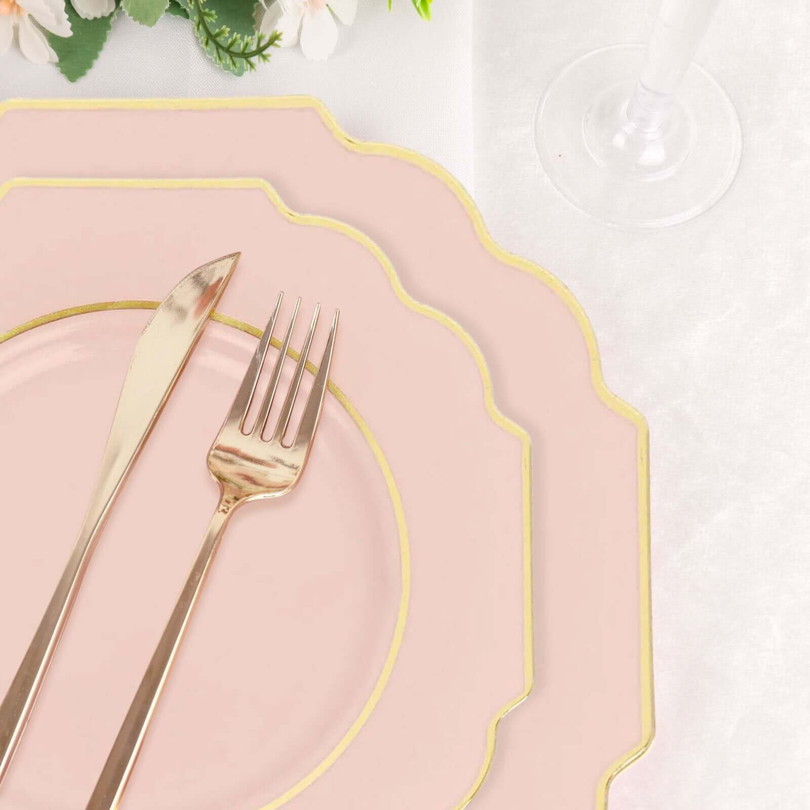 10-Pack Plastic Dinner Plates in Blush Baroque Design with Scalloped Gold Rim - Heavy Duty Disposable Party Plates 11