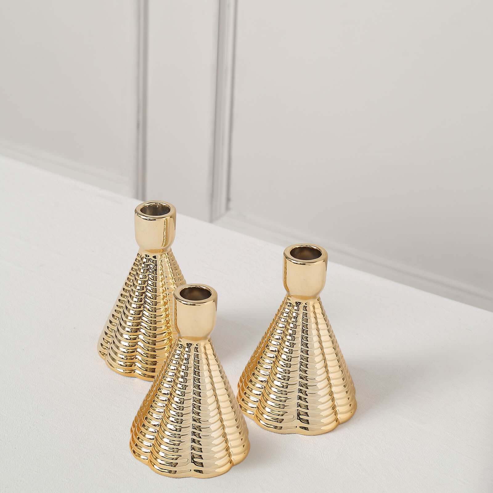 3-Pack Ceramic Taper Candle Holders Ribbed Cone Shaped Design Metallic Gold - Candlestick Stands for Decor 5