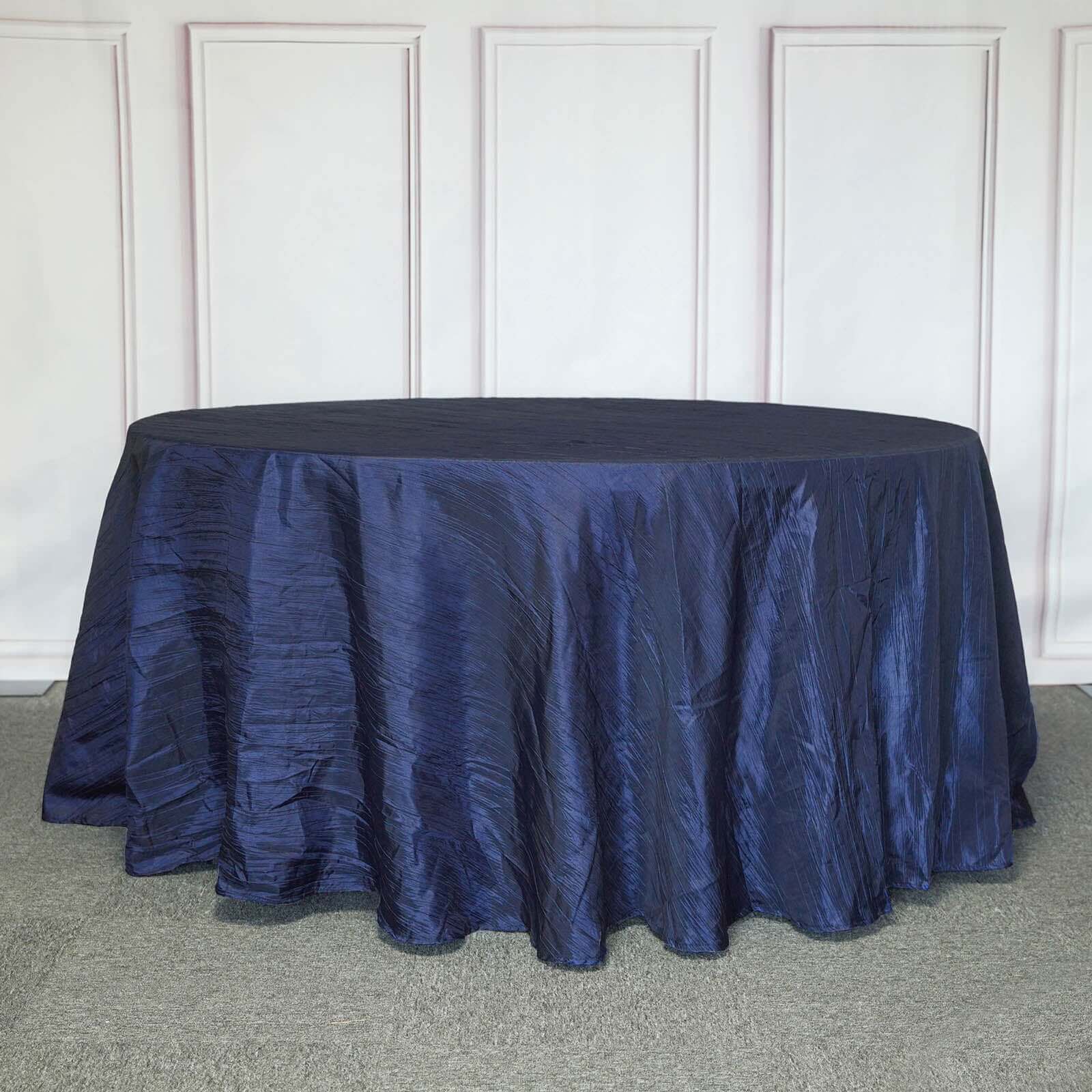 Taffeta 120 Round Tablecloth Navy Blue - Seamless Accordion Crinkle Table Cover