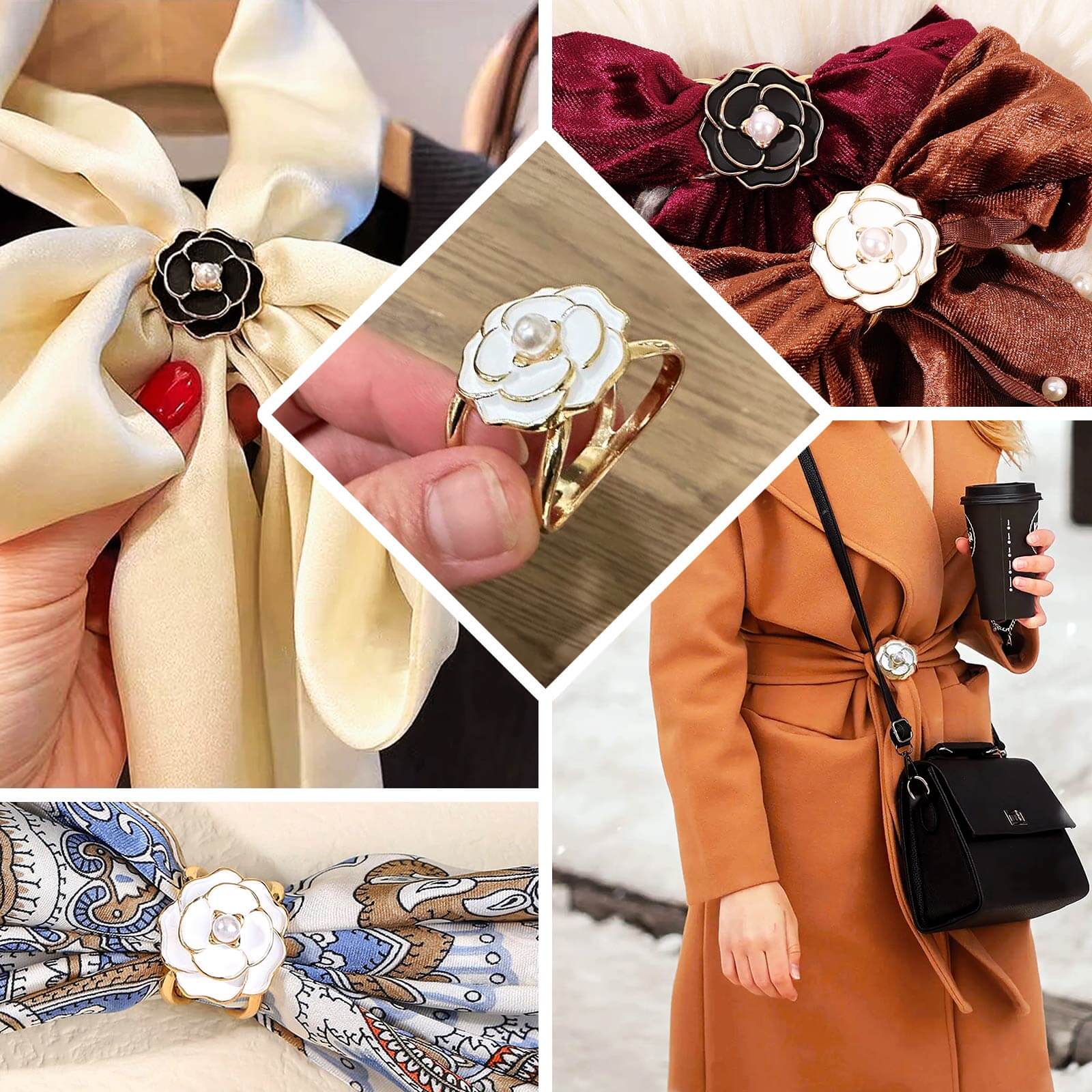 10 Pack Metal Chair Sash Pin Buckles White 3D Rose Shaped - Stylish Pearl Floral Napkin Rings with Gold Rim for Special Events