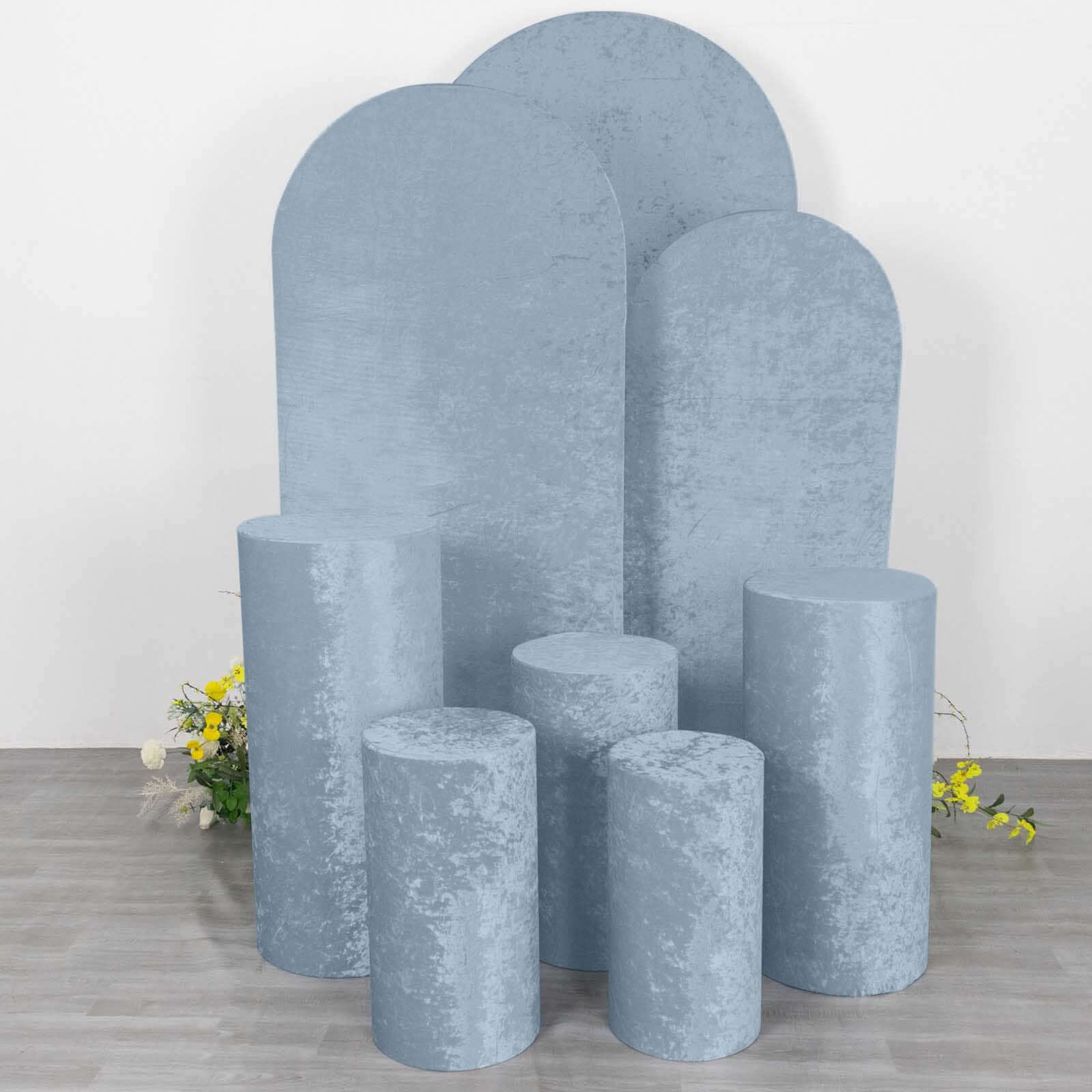 Set of 5 Dusty Blue Crushed Velvet Cylinder Pedestal Stand Covers, Premium Pillar Prop Covers