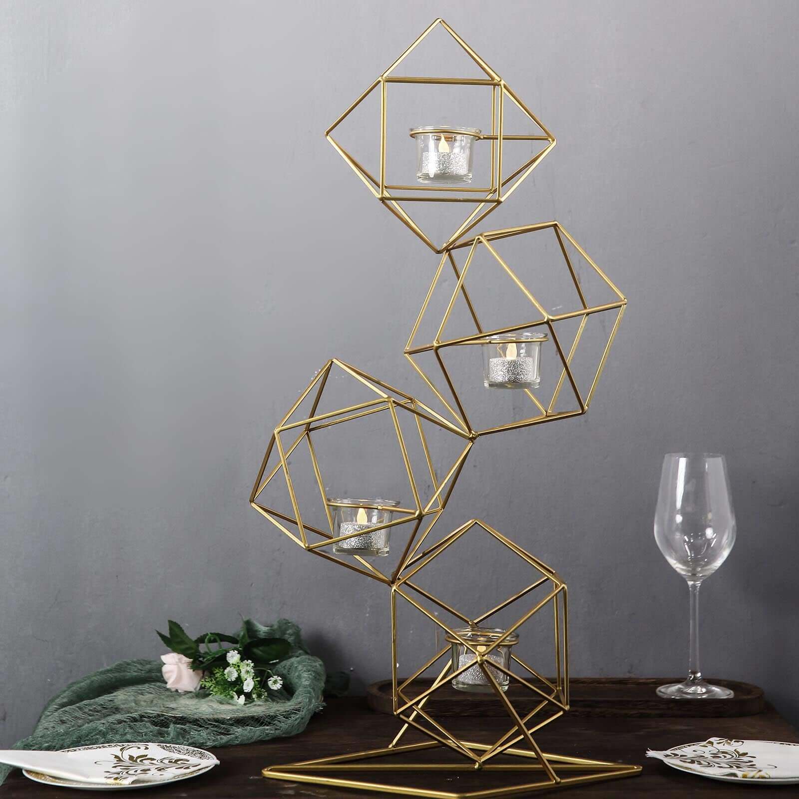 Tealight Candle Holder Metal Linked Geometric Design Gold with Votive Glass Holders - Sophisticated Decor for Tables & Gatherings 25