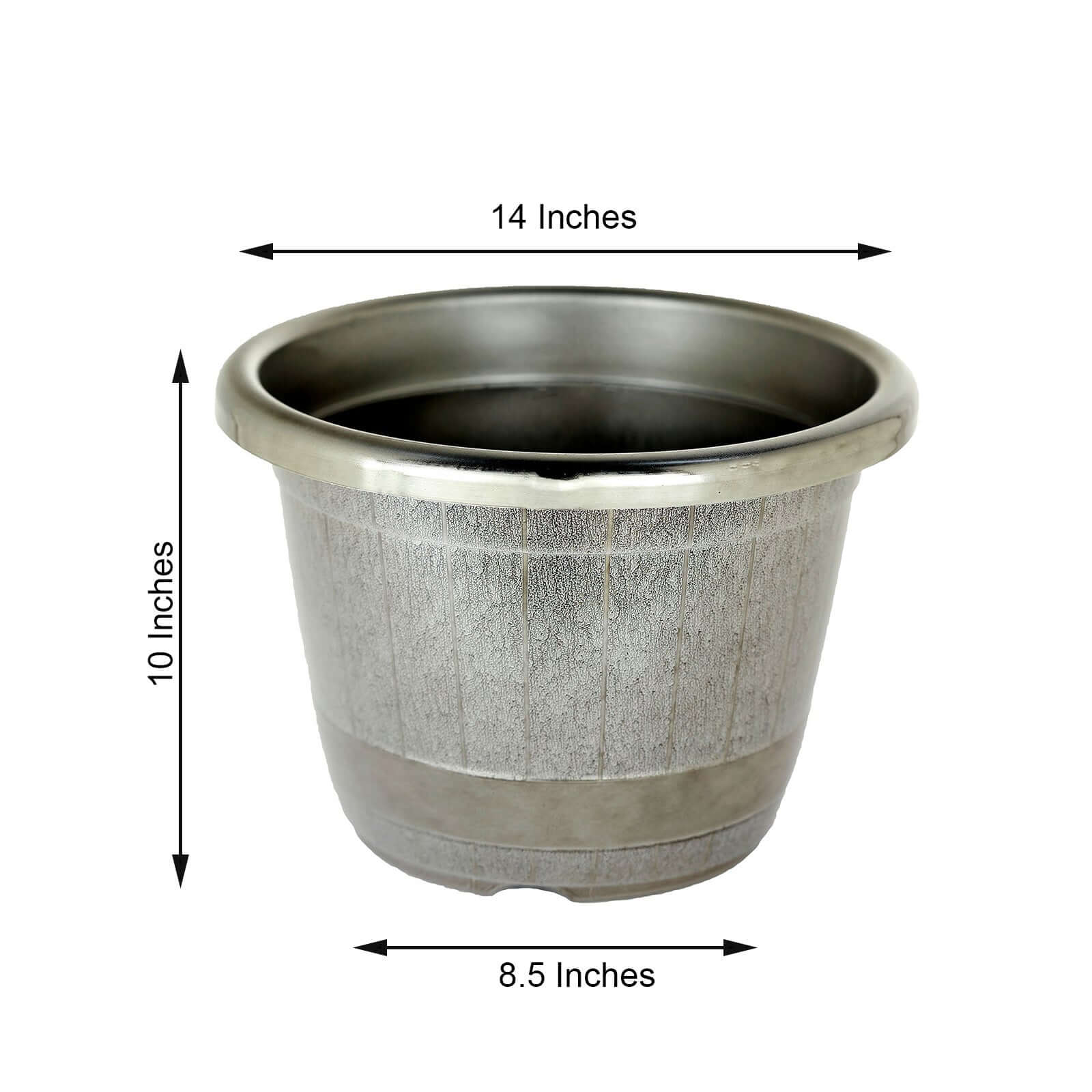 14 Silver Chrome Finished Rim Large Barrel Planter Pot, Indoor Outdoor Decorative Flower Pot